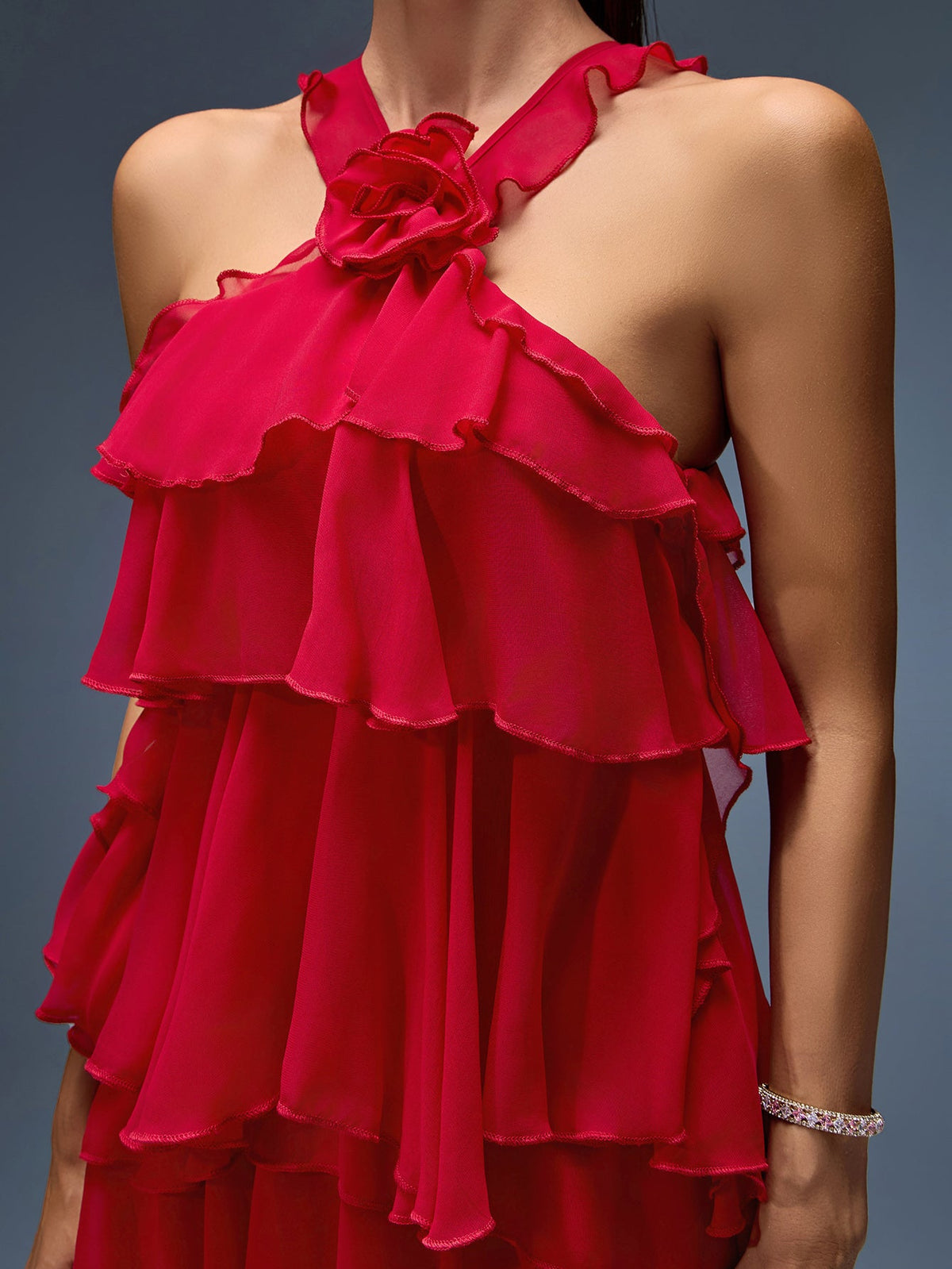 Halter Chiffon Ruffle Tiered Midi Dress, side view