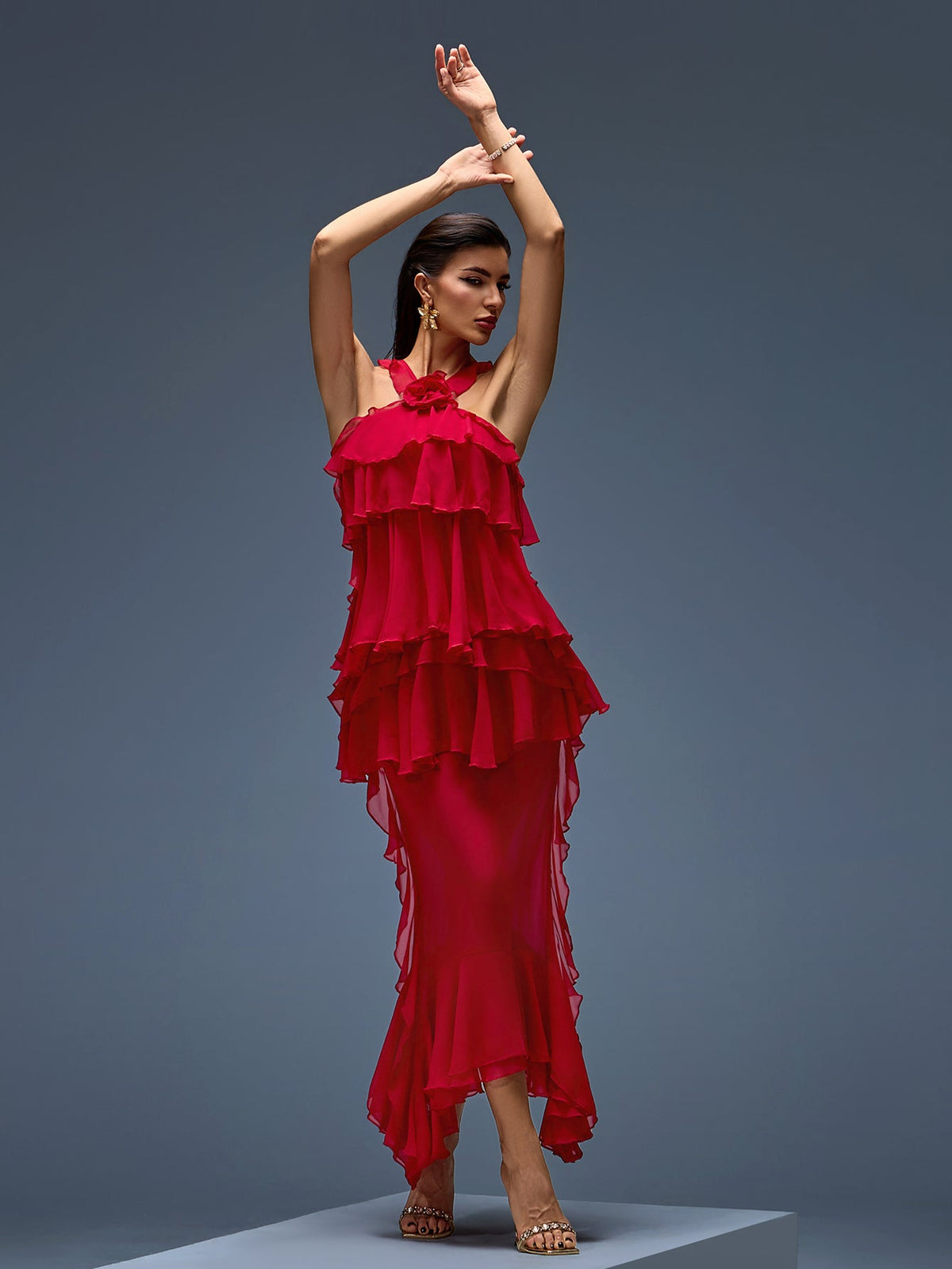 Halter Chiffon Ruffle Tiered Midi Dress, front full-length view