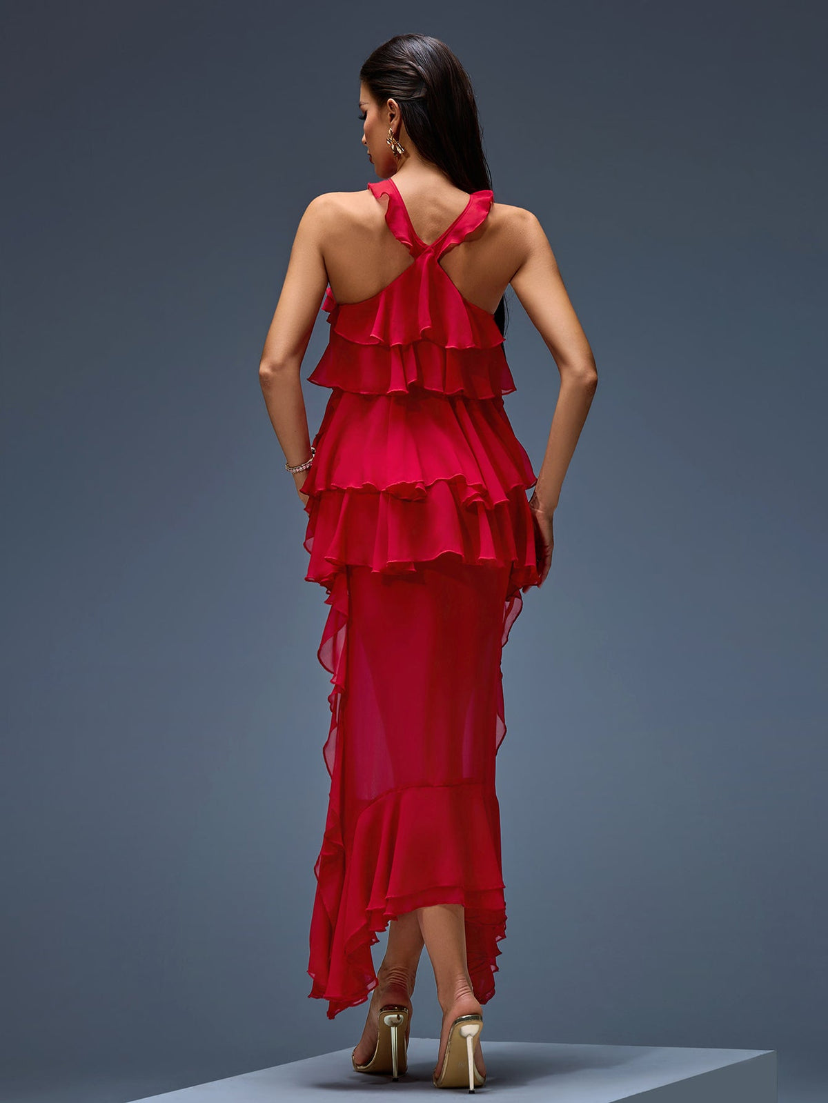 Halter Chiffon Ruffle Tiered Midi Dress, back detail view