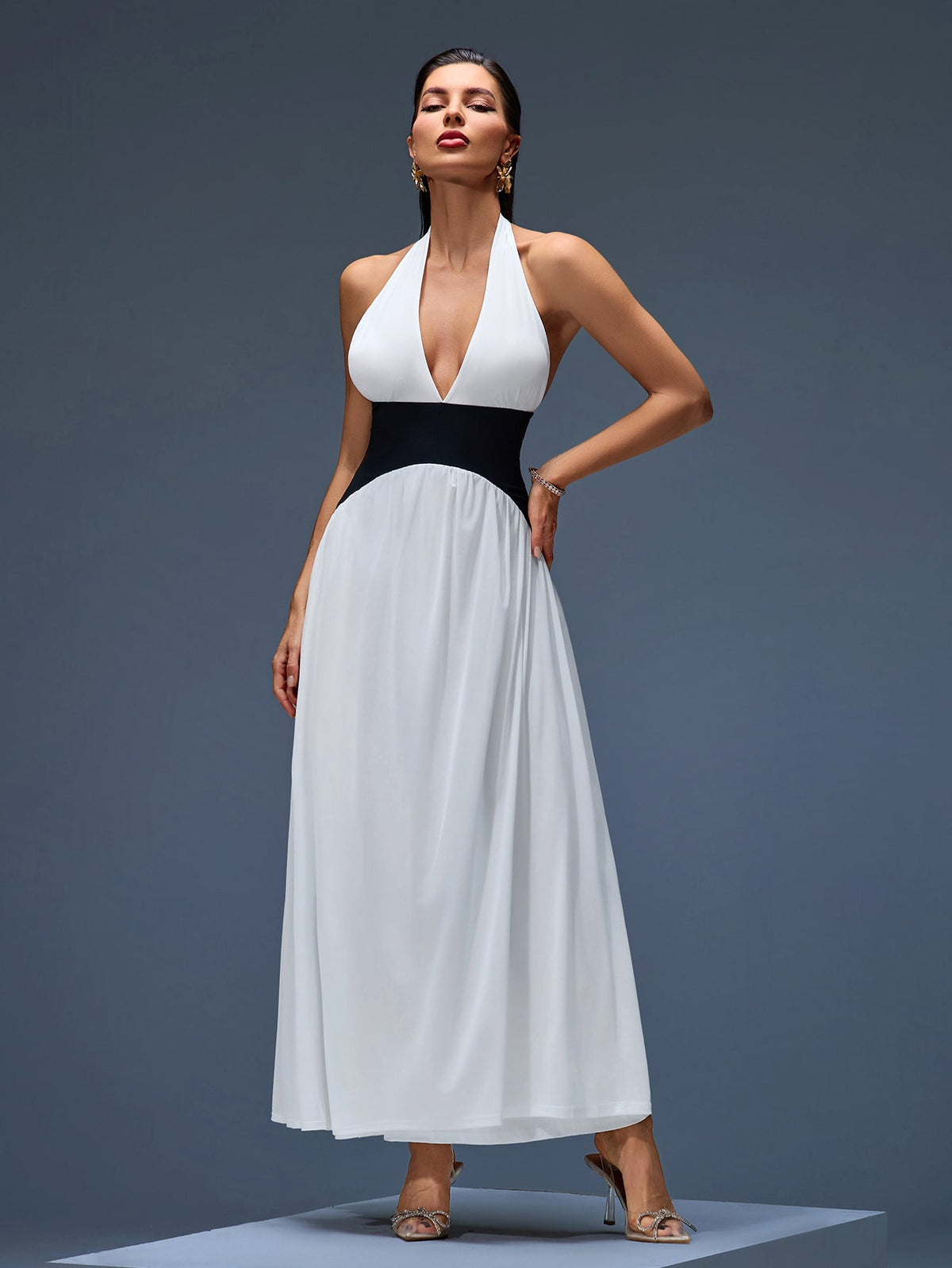 Halter Contrast Corset Maxi Dress, front full-length view