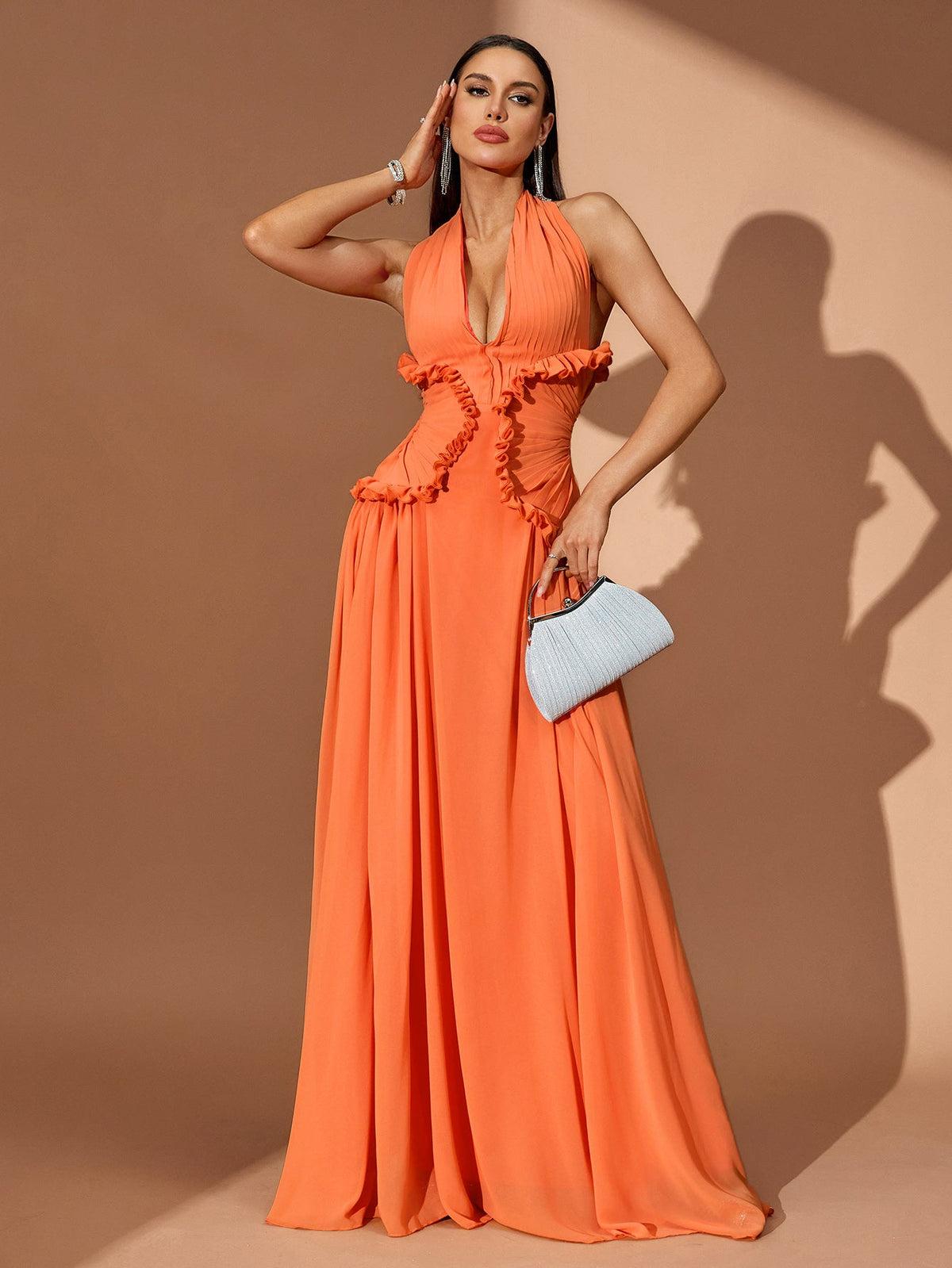 Halter Cutout Pleated Maxi Dress, front view