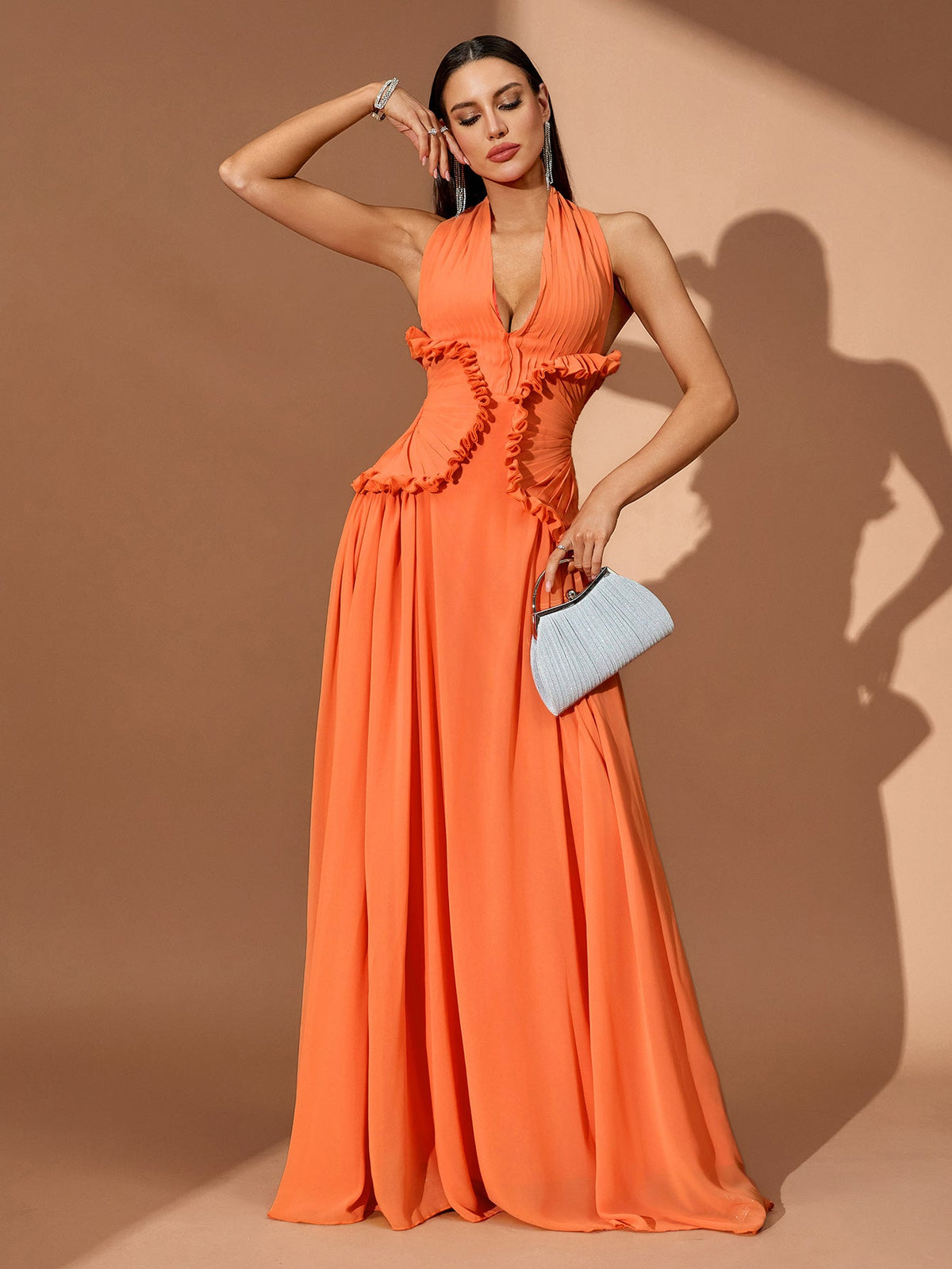 Halter Cutout Pleated Maxi Dress, three-quarter view