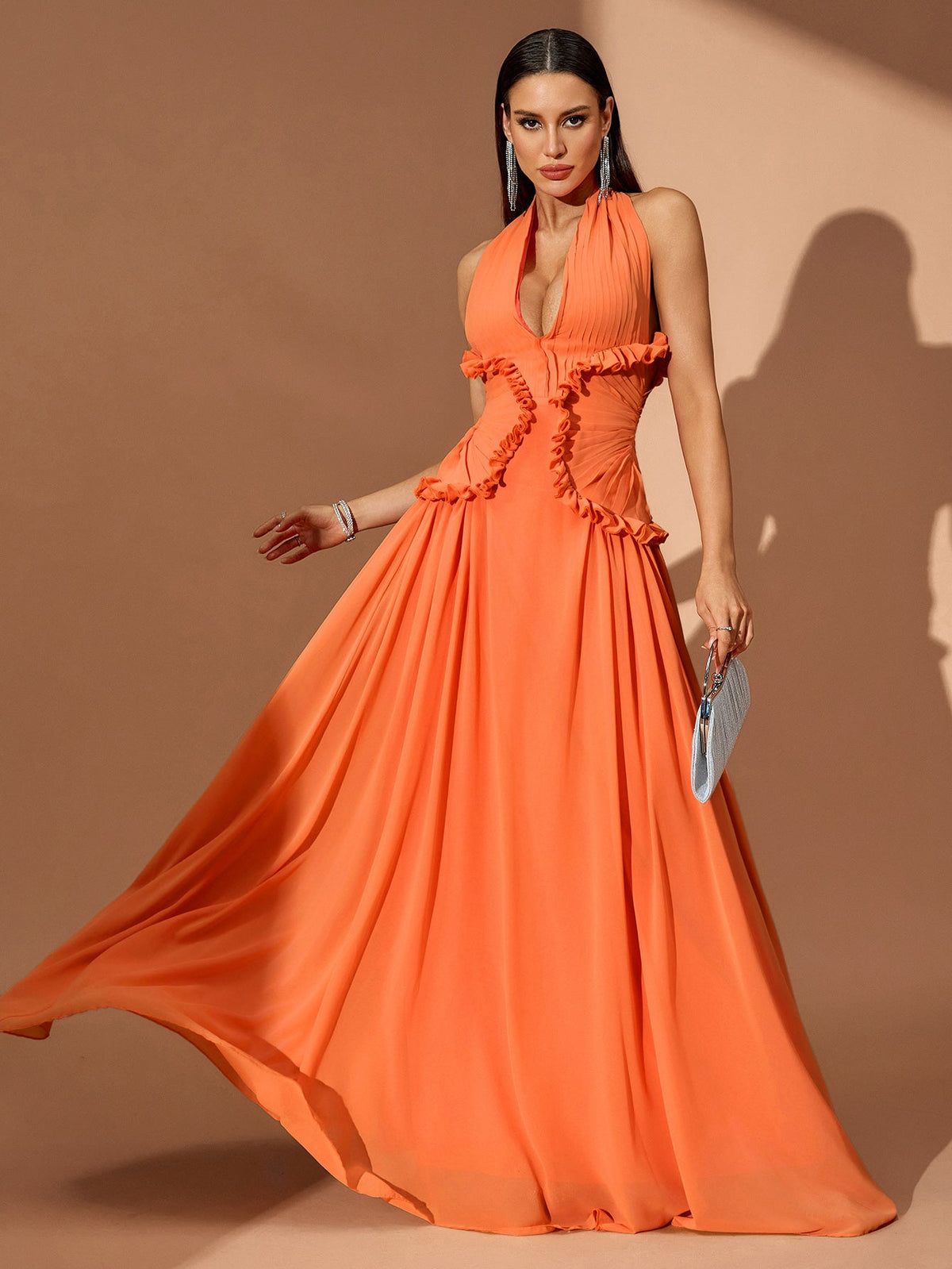 Halter Cutout Pleated Maxi Dress, full-length styling view