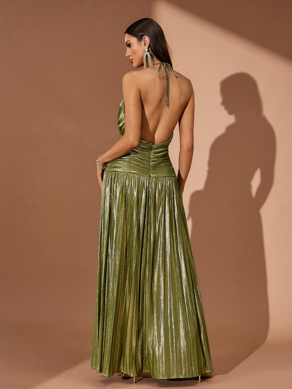 Halter Pleated Open-Back Maxi Dress, back view