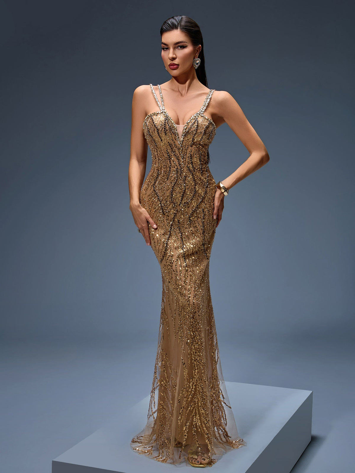 Heavy Crystal Embroidered Evening Dress, front view