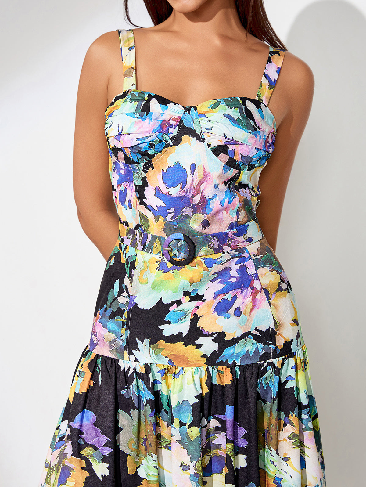 Watercolor Printed Ruffle Maxi Dress