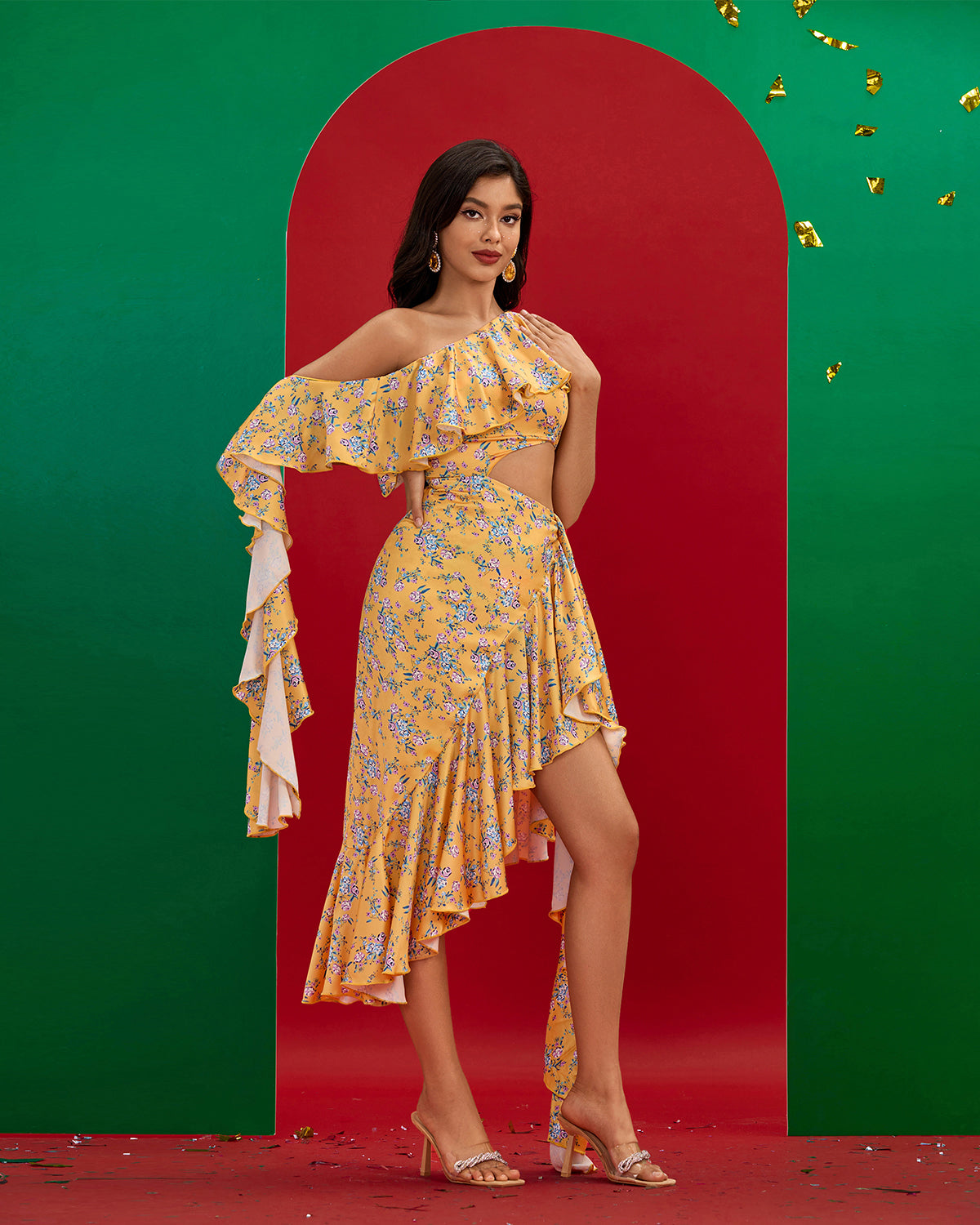 Asymmetric Cutout Ruffle Floral Dress