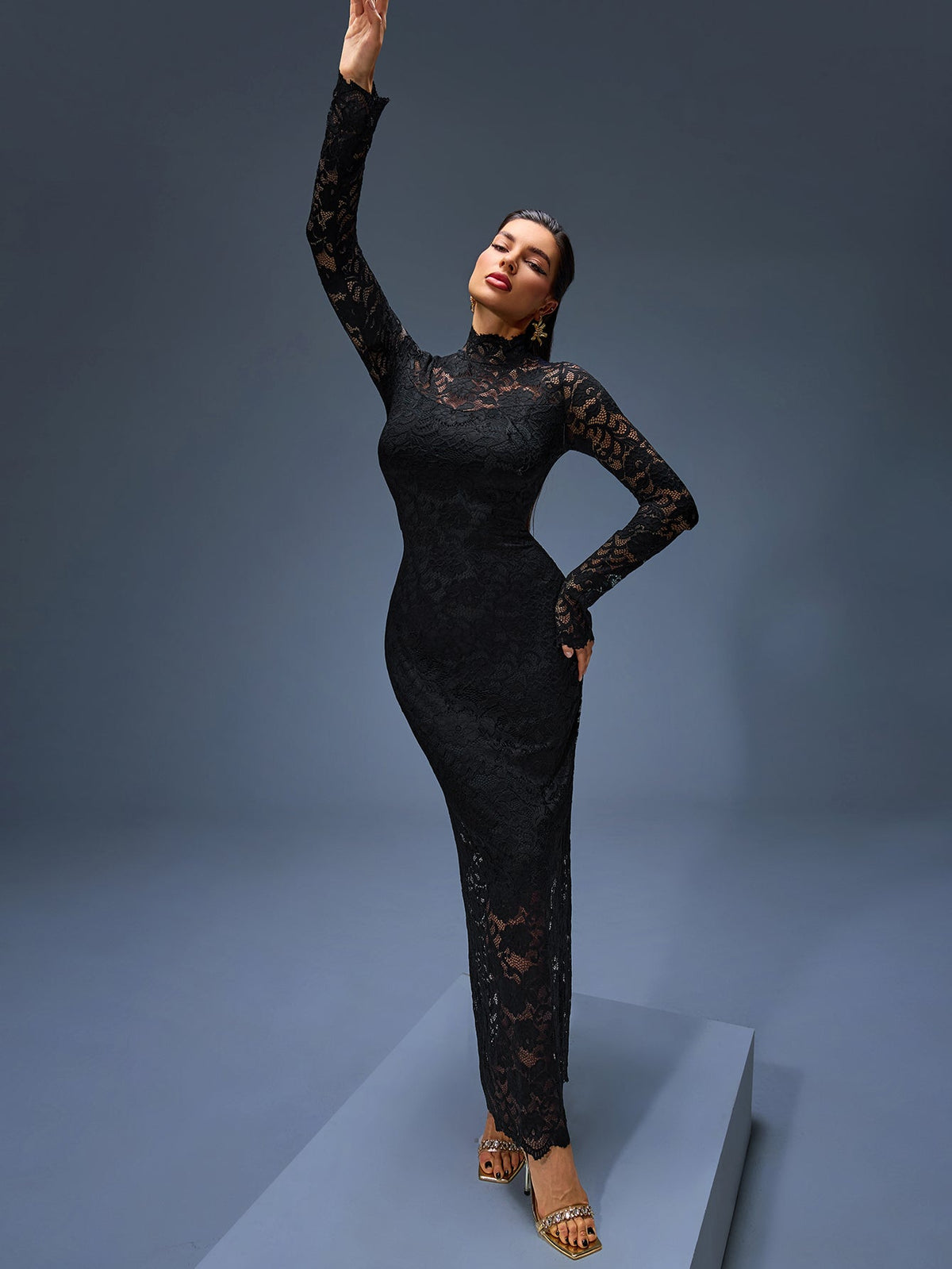 Lace High-Neck Maxi Dress, back detail view