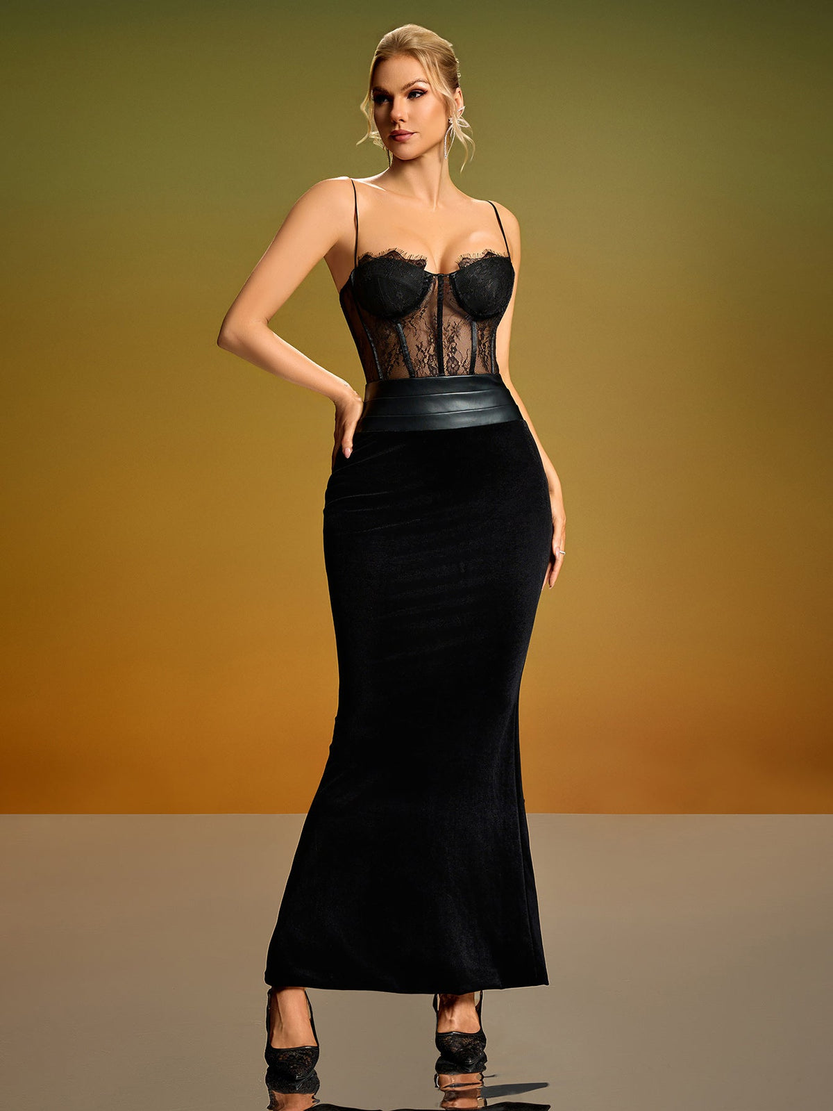 Lace Mesh Corset Velvet Maxi Dress, front full-length view
