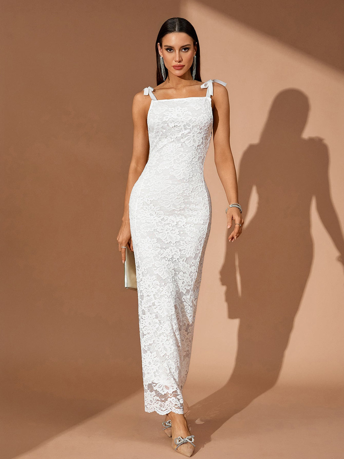 Lace Strappy Column Maxi Dress, front view
