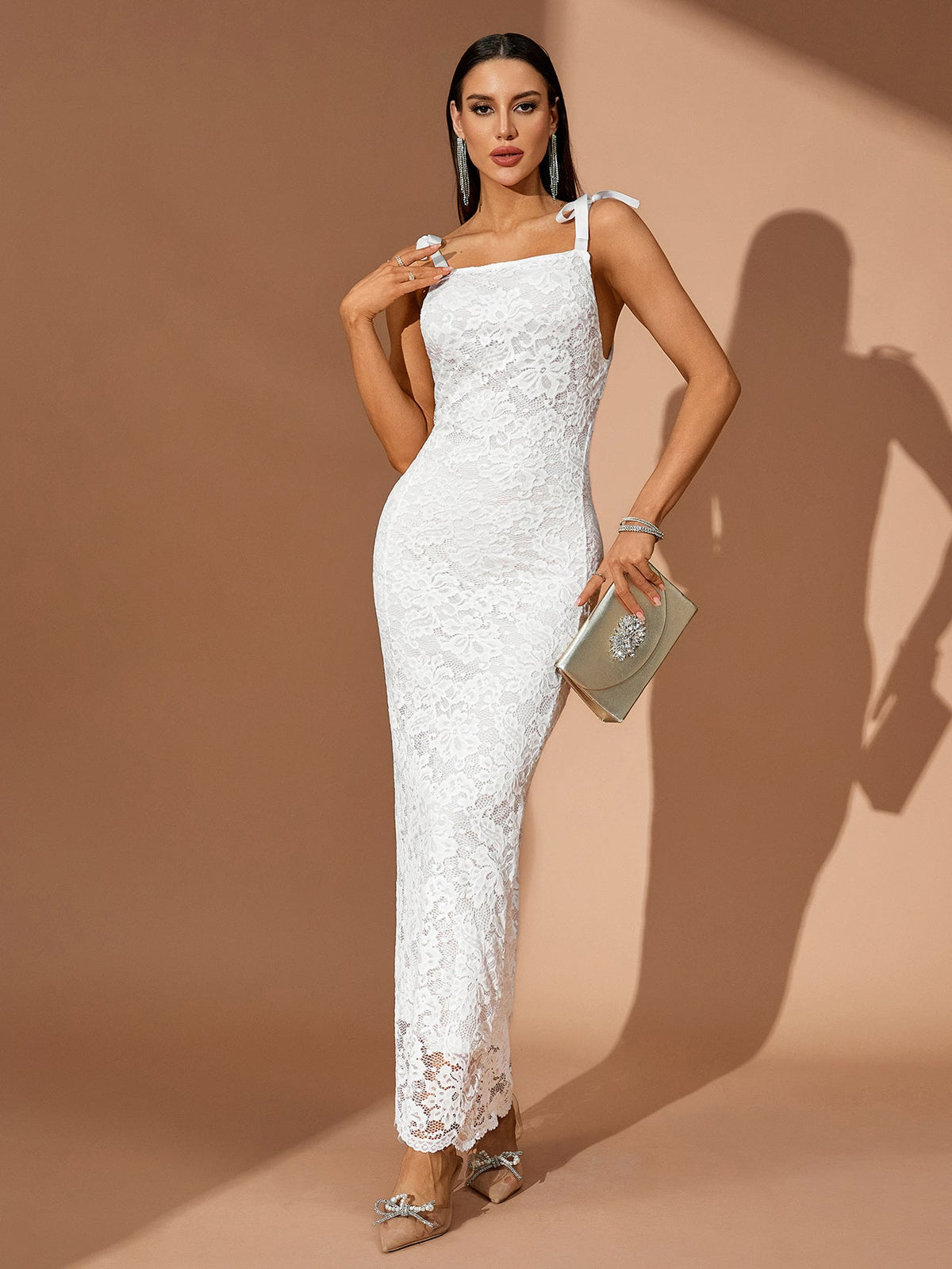 Lace Strappy Column Maxi Dress, full-length styling view