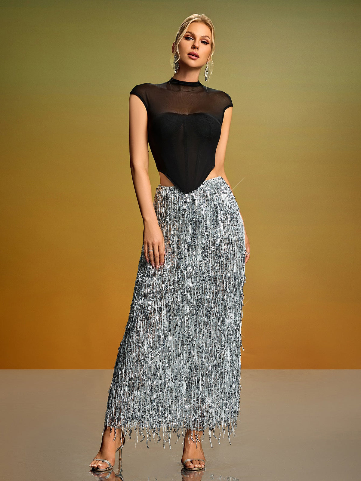 Mesh Corset Sequin Fringe Skirt Set, front view