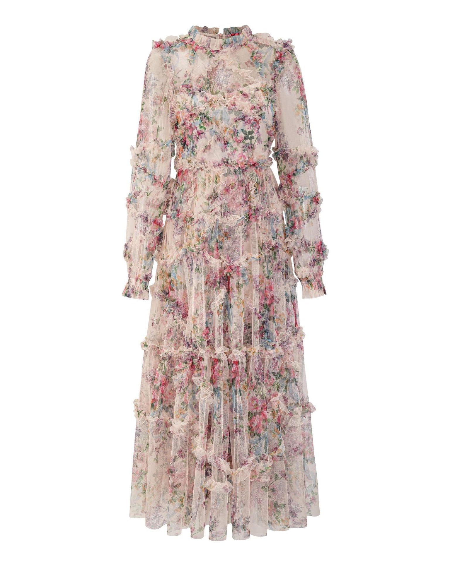 Bishop Sleeve Floral Tulle Ruffle Dress