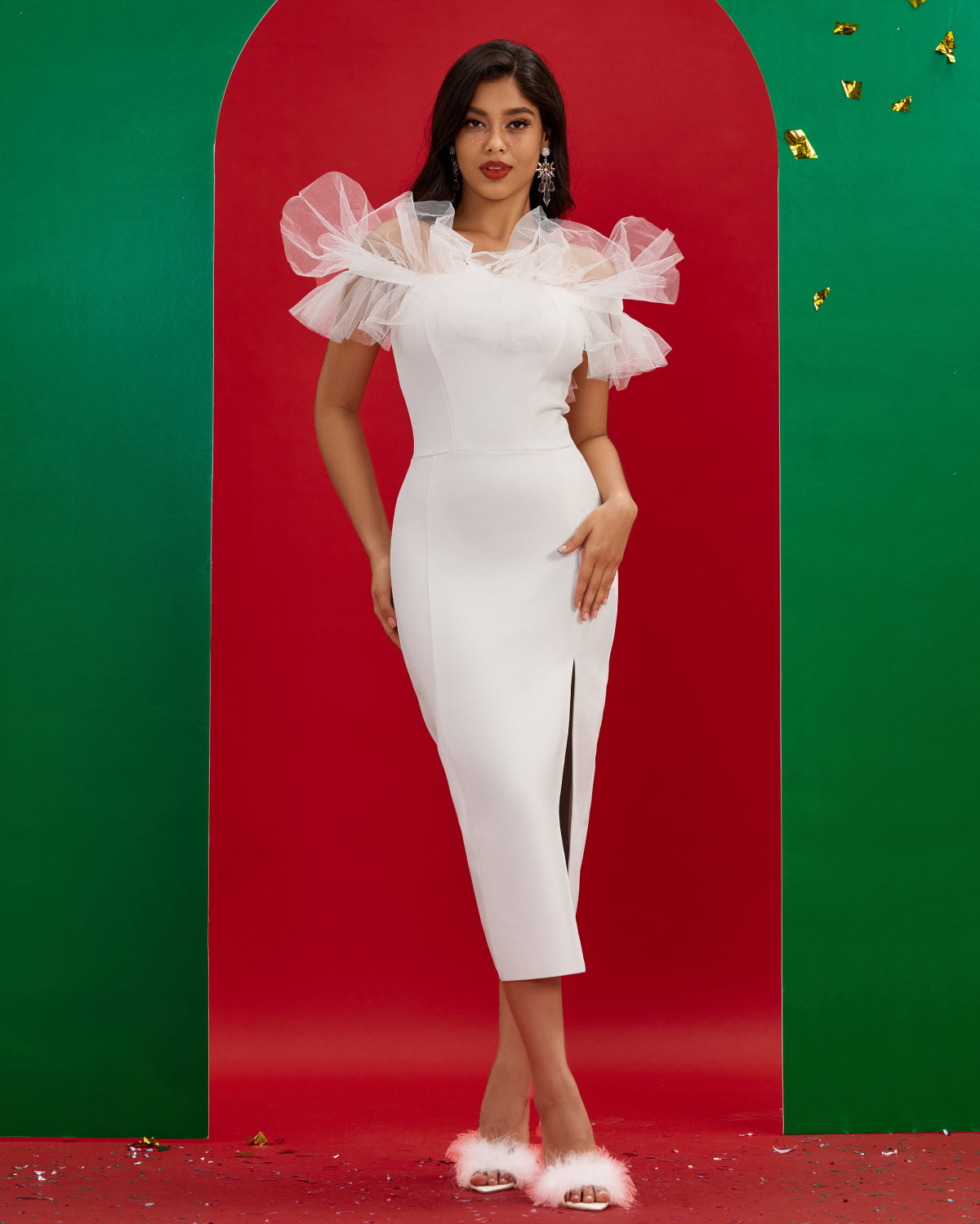 Off Shoulder Tulle Midi Slit Bandage Dress