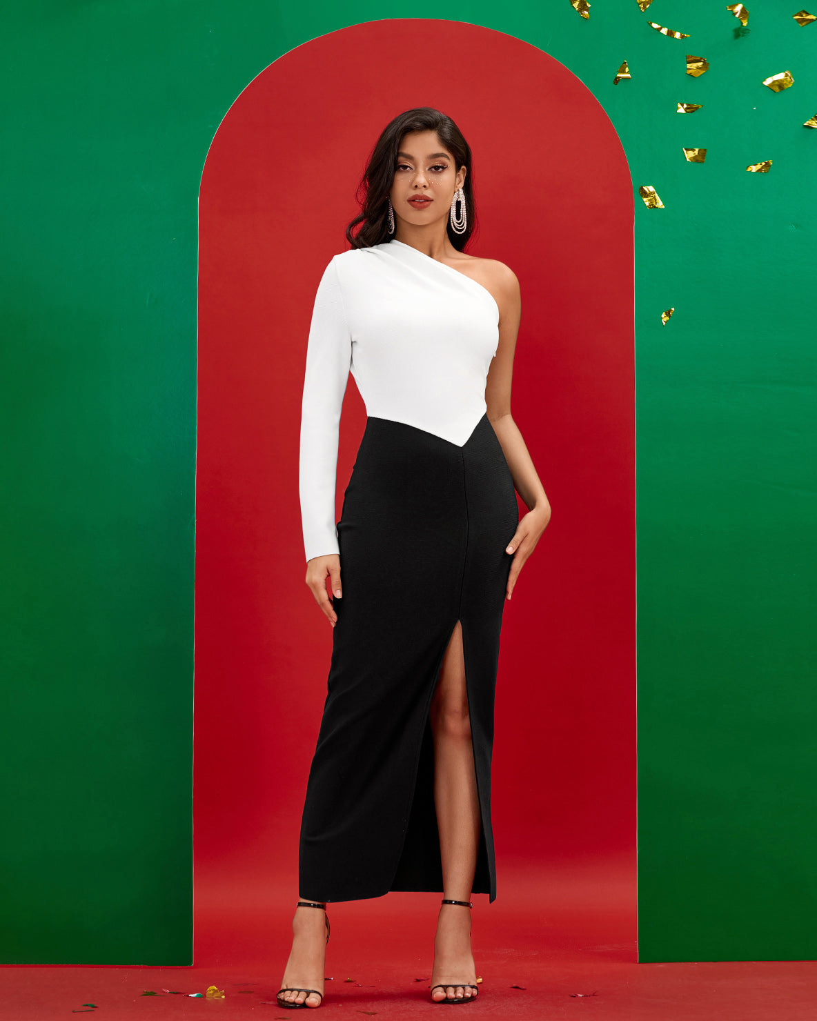 Black-white One Sleeve Bandage Dress