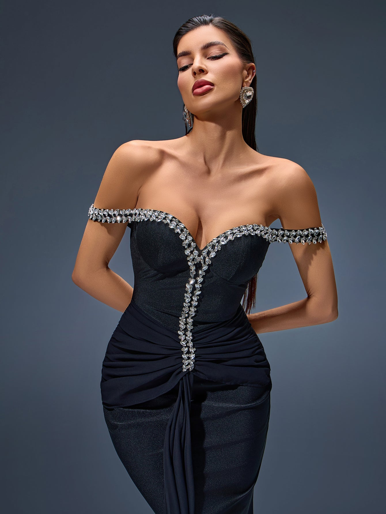 Off Shoulder Rhinestone Mesh Maxi Dress