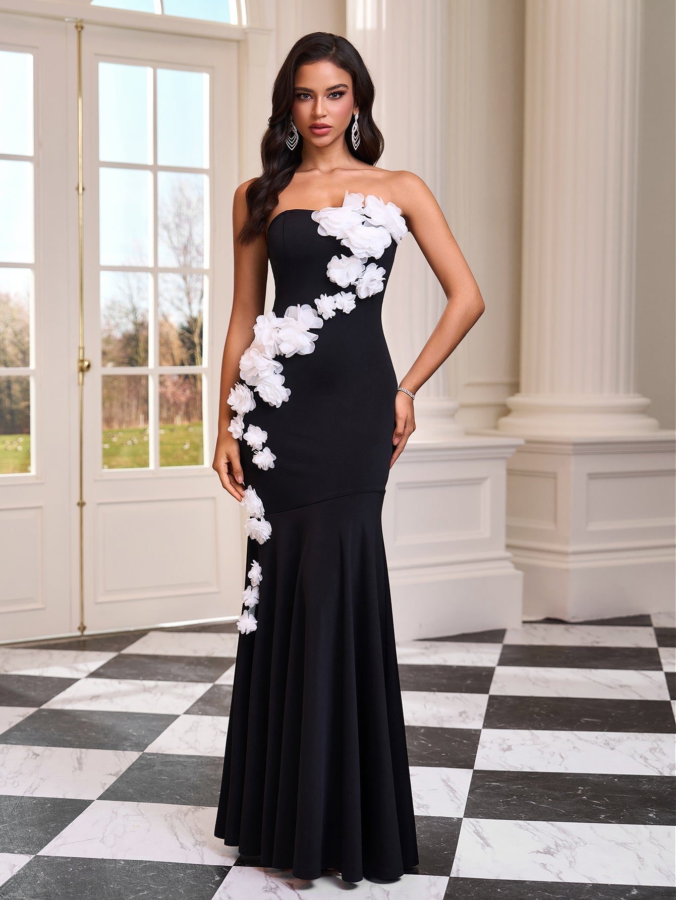 Strapless 3D Flowers Fishtail Maxi Dress