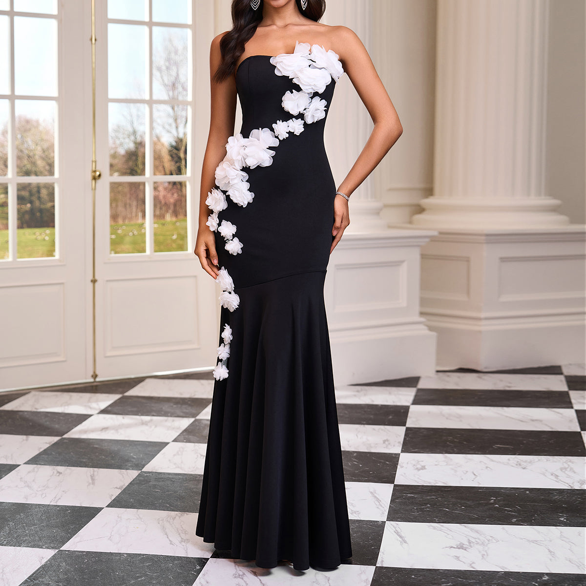 Strapless 3D Flowers Fishtail Maxi Dress