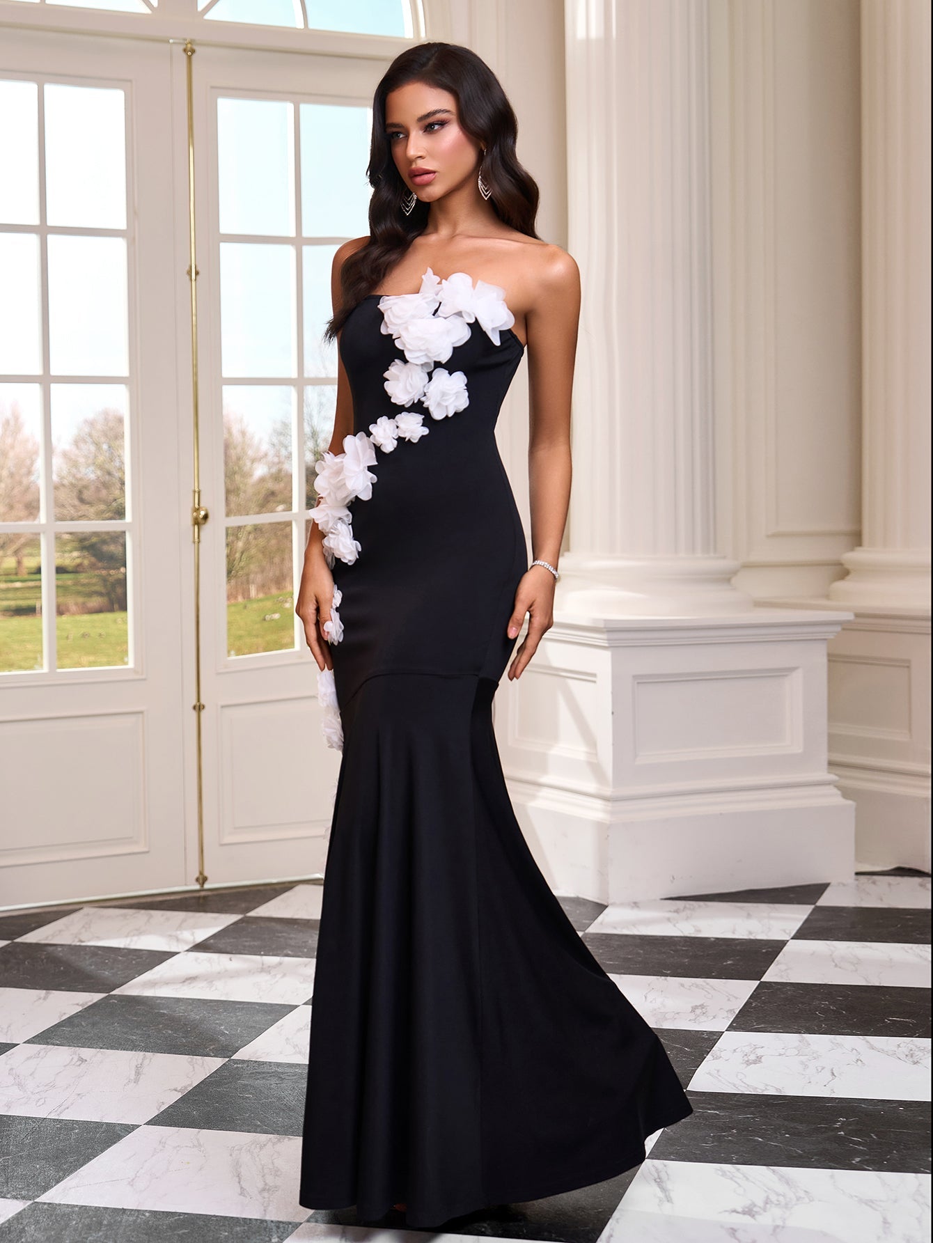 Strapless 3D Flowers Fishtail Maxi Dress