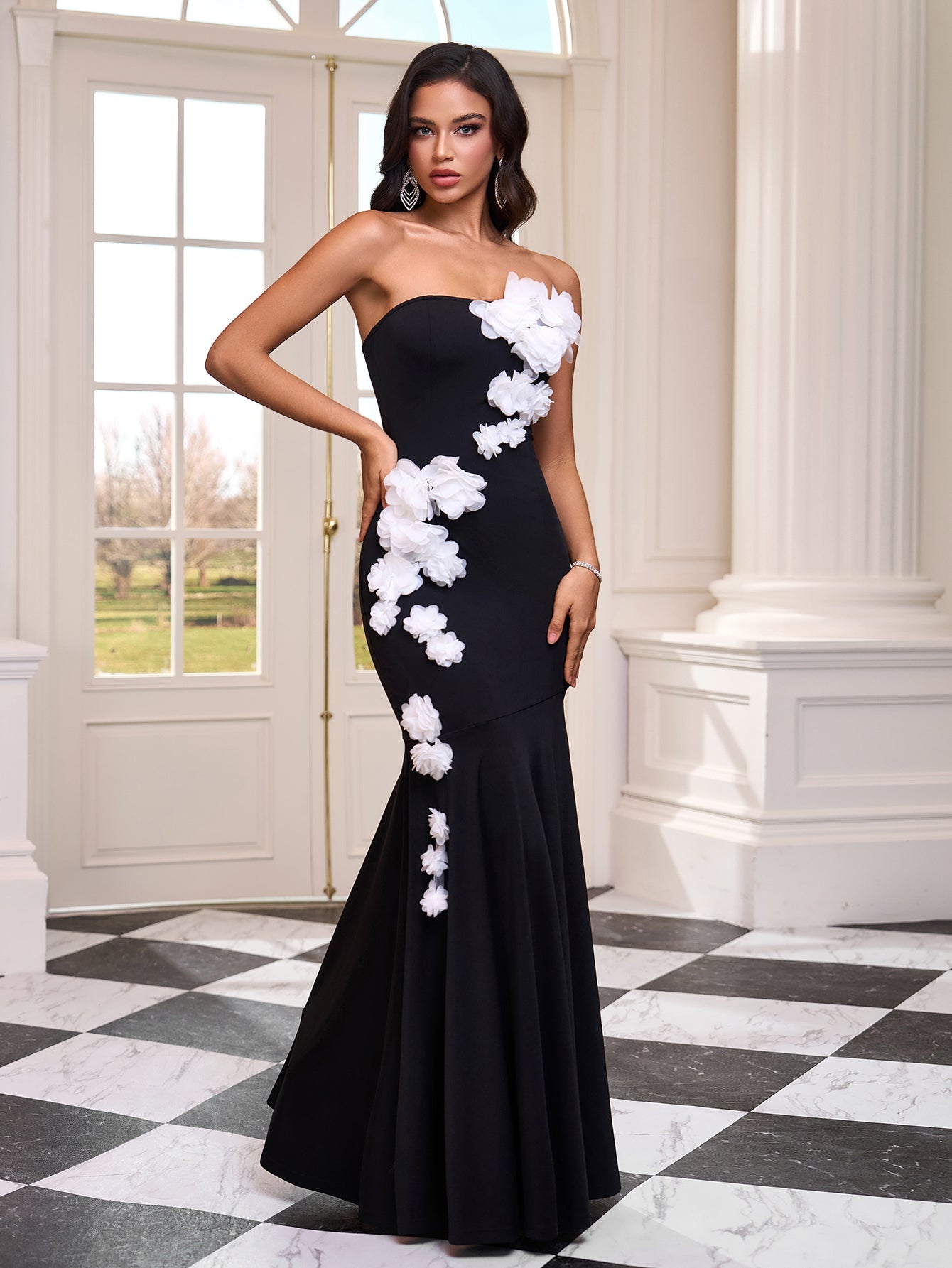 Strapless 3D Flowers Fishtail Maxi Dress
