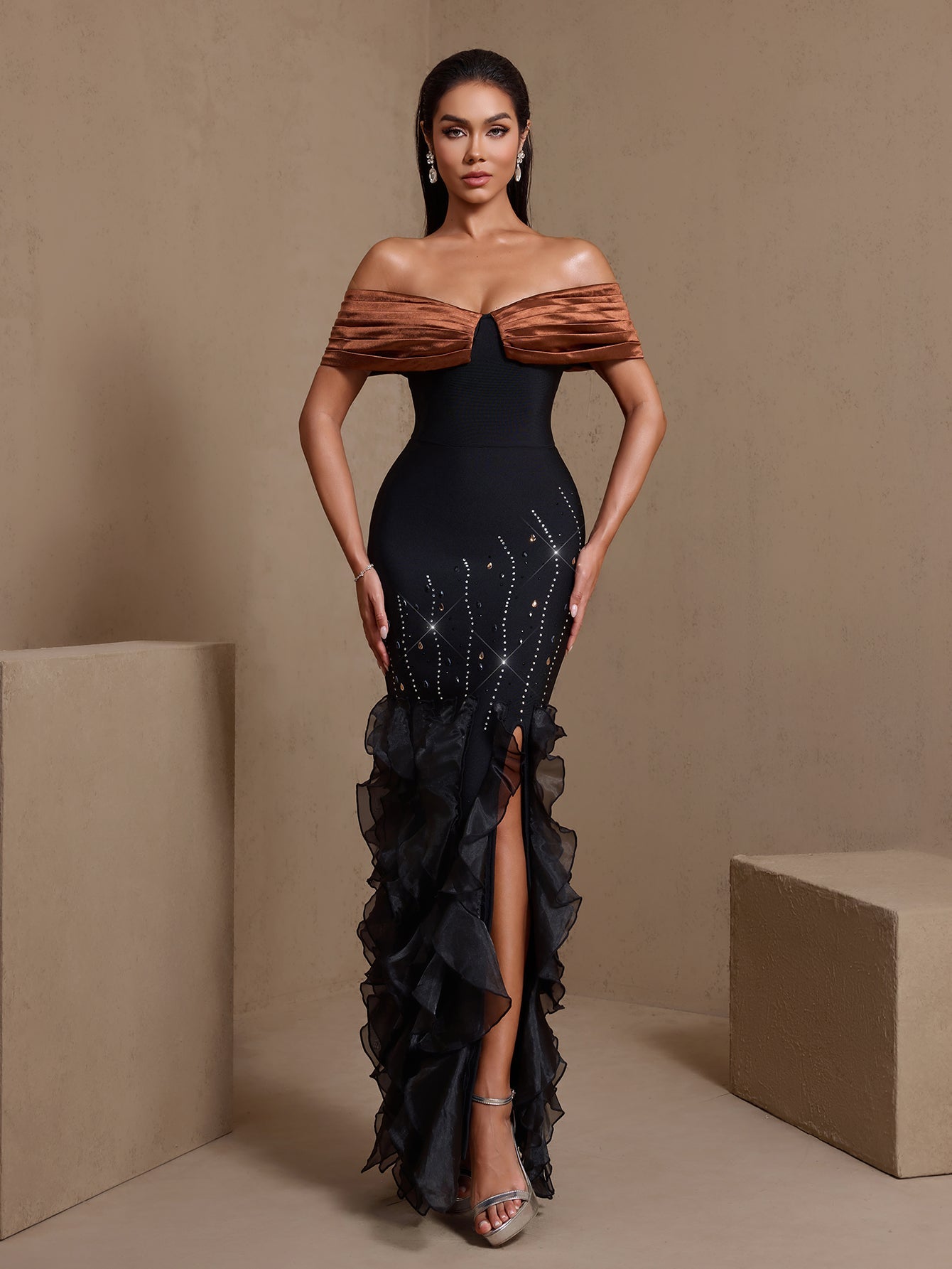 Rhinestone Rippled Edge Slit Bandage Dress