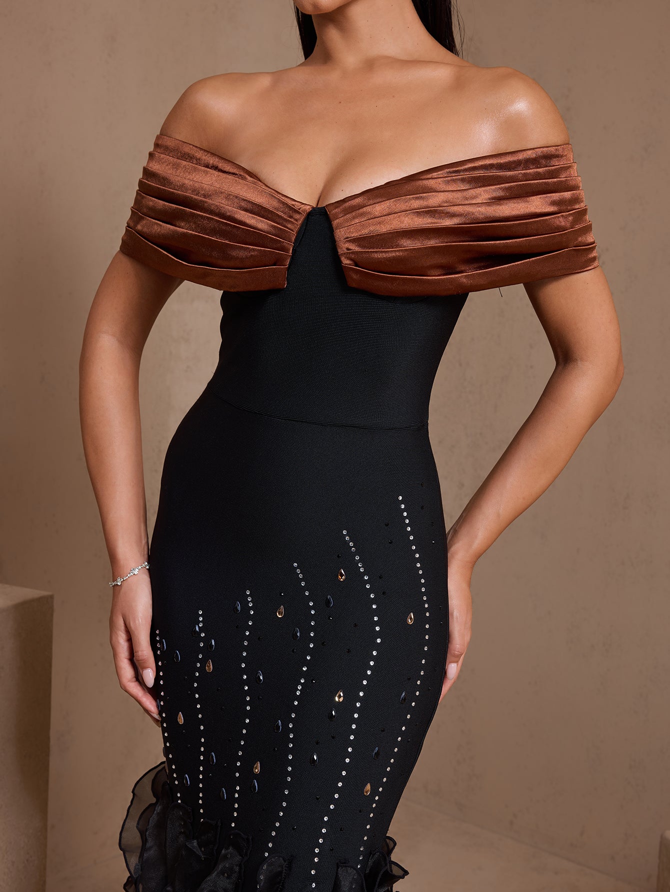 Rhinestone Rippled Edge Slit Bandage Dress
