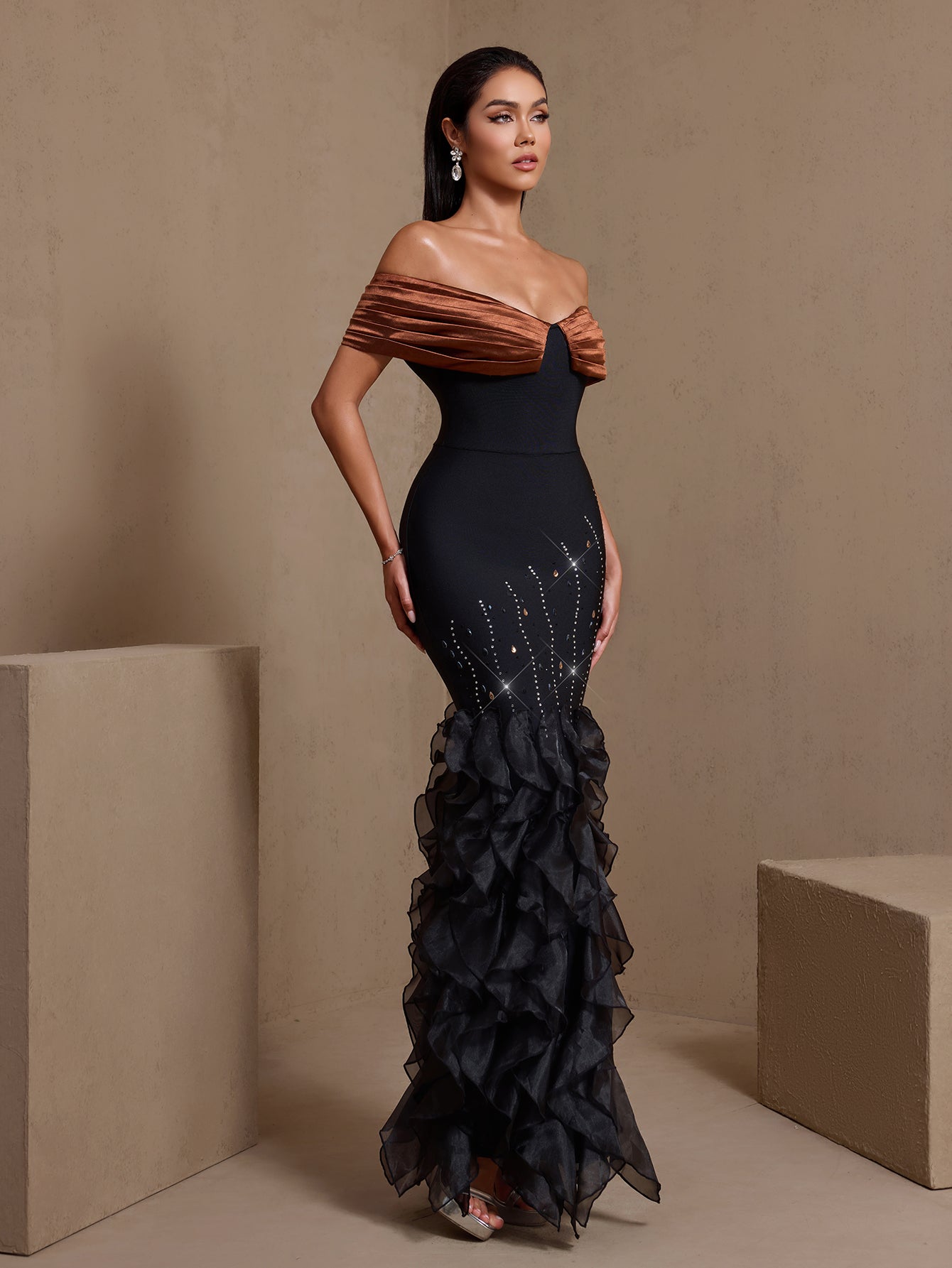 Rhinestone Rippled Edge Slit Bandage Dress