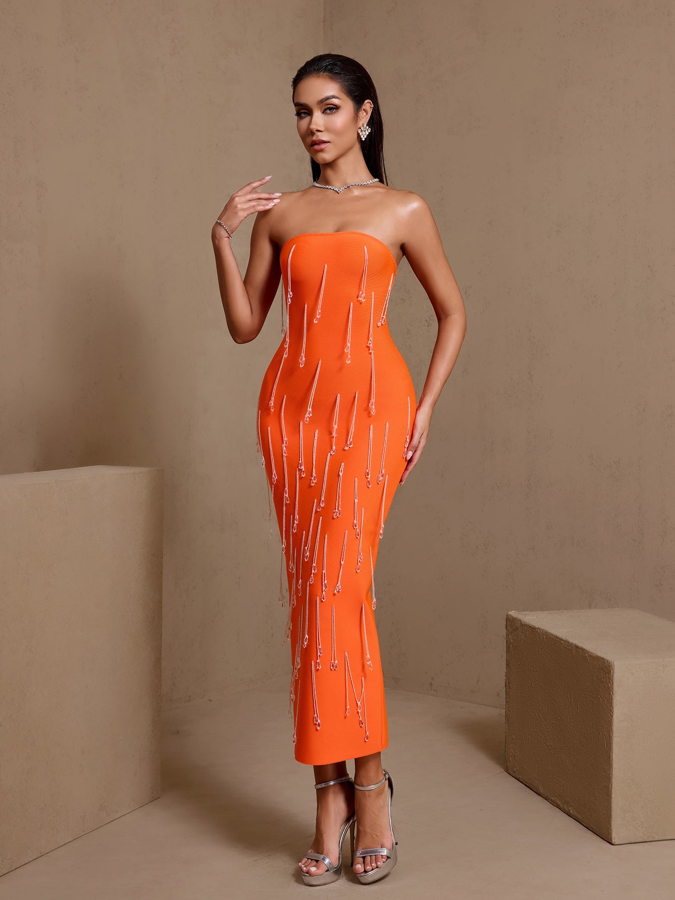Strapless Crystal Beading Midi Bandage Dress