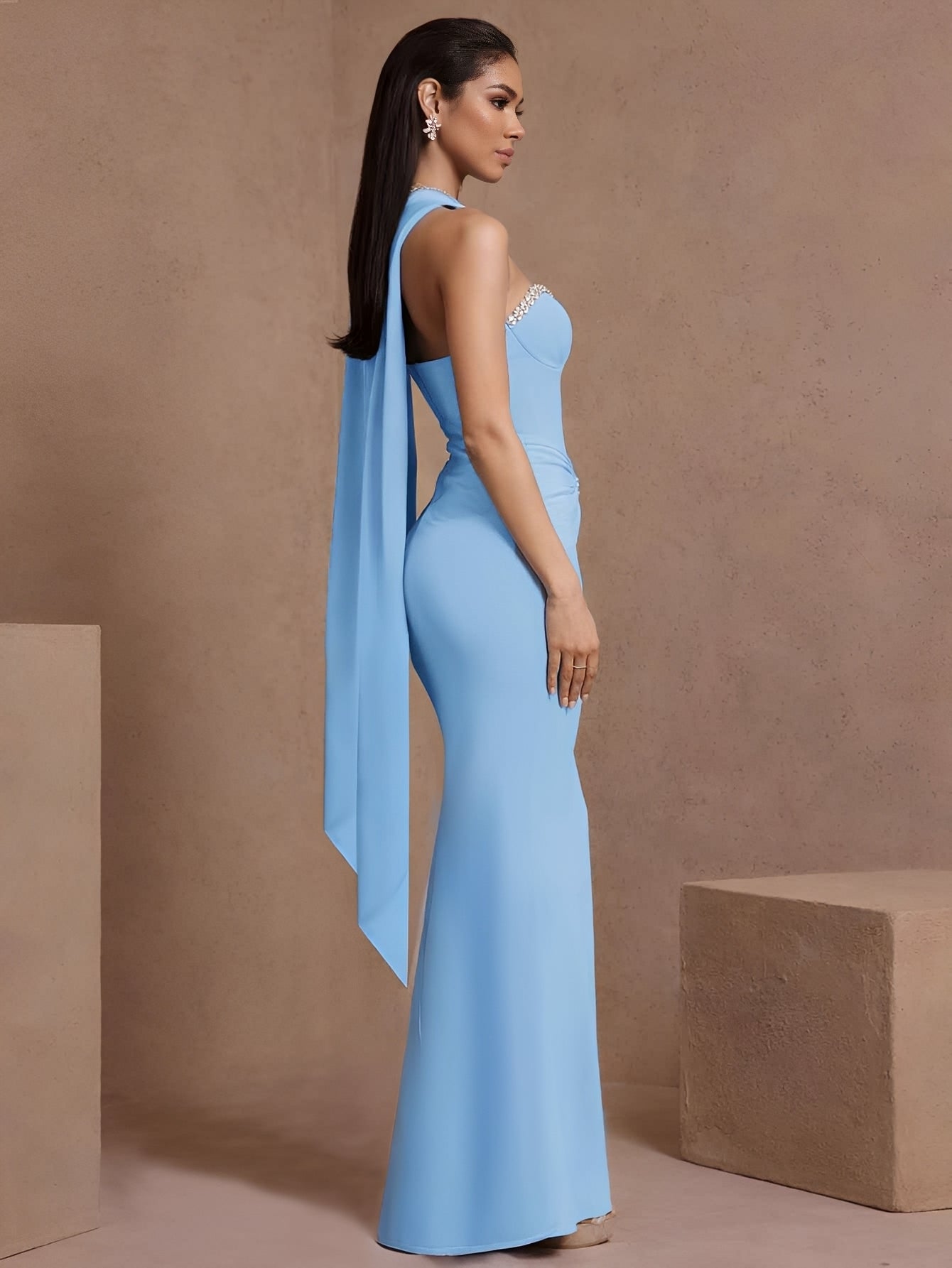 Crystal Pleated Bandage Dress With Neck Scarf