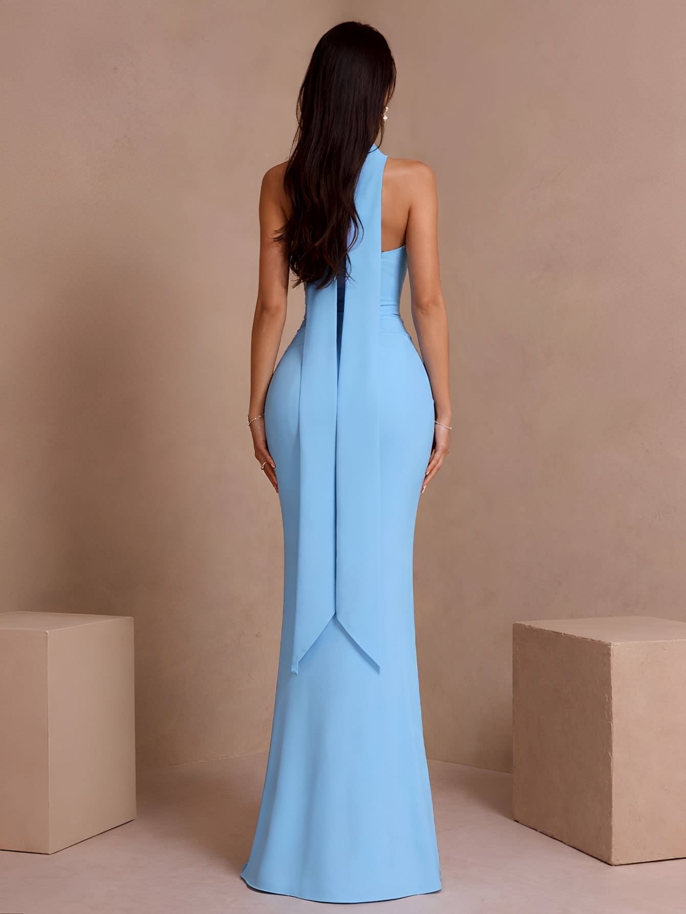 Crystal Pleated Bandage Dress With Neck Scarf