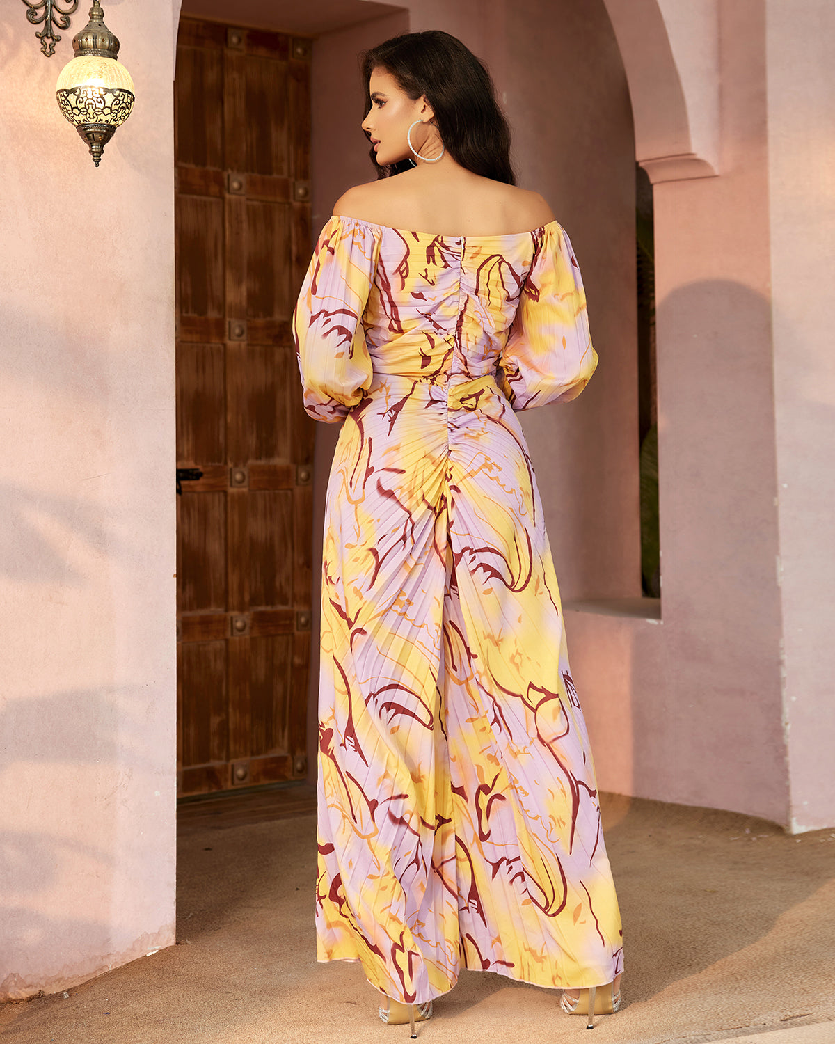 Yellow and purple abstract off-shoulder maxi dress, three-quarter view