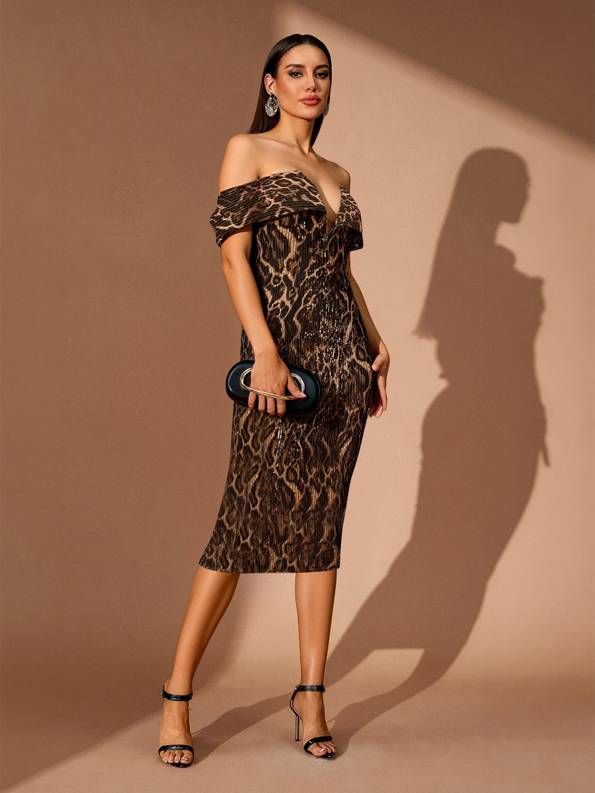 Off-Shoulder Animal Print Sequin Midi Dress, three-quarter view