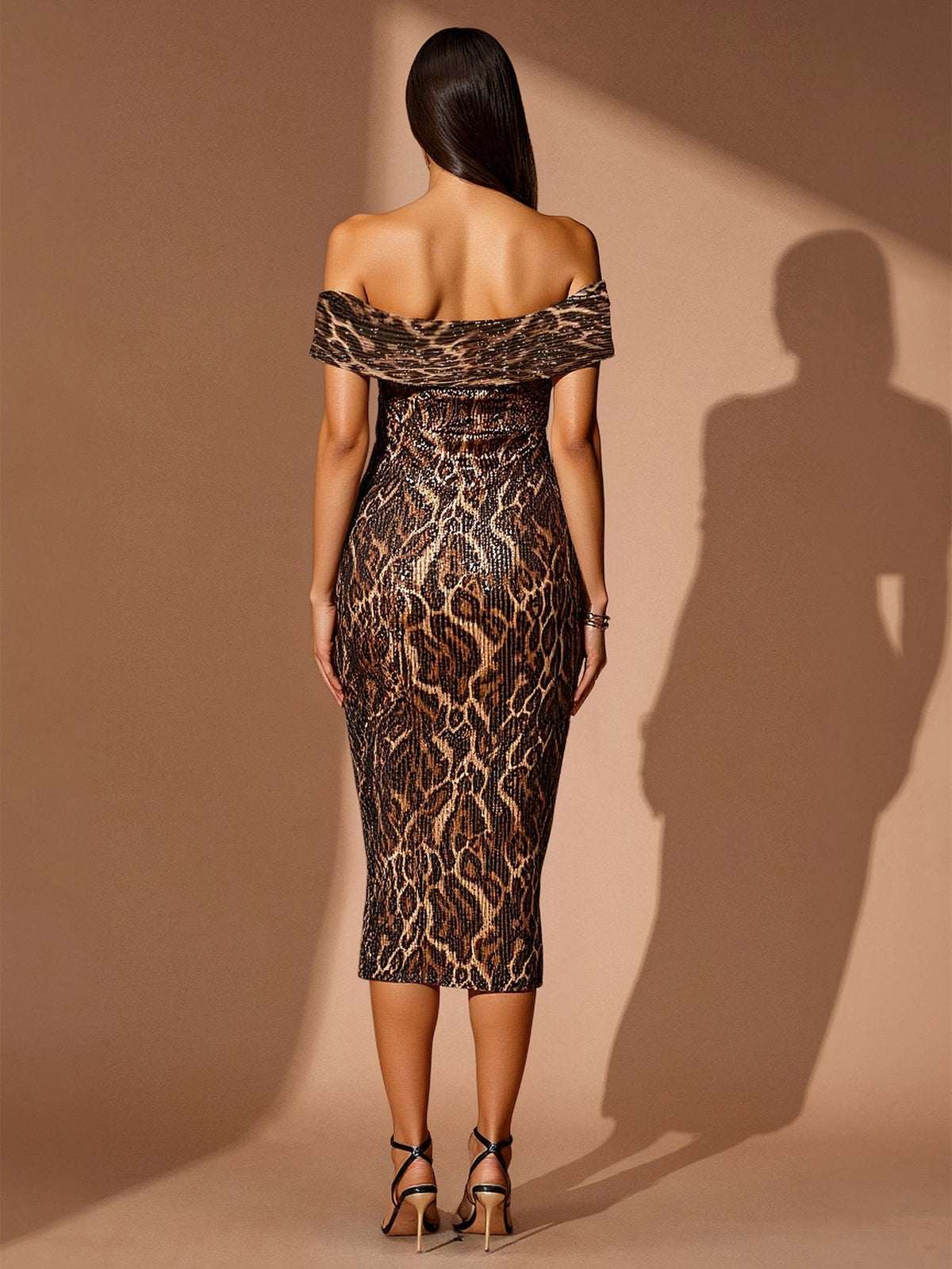 Off-Shoulder Animal Print Sequin Midi Dress, back view