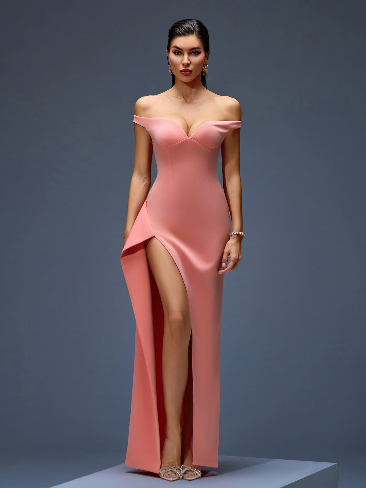 Off-Shoulder Asymmetric Maxi Dress, front view