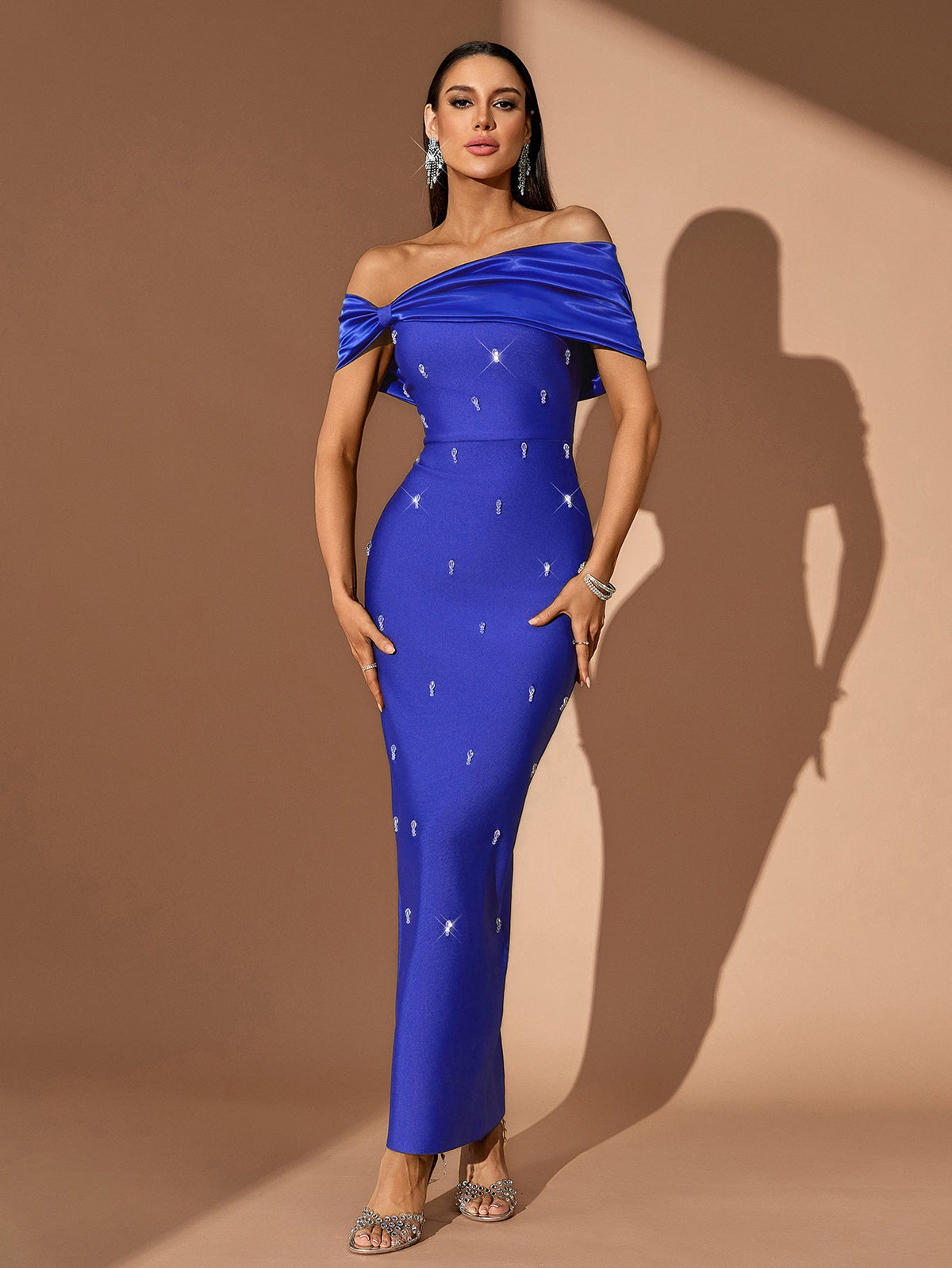 Off-Shoulder Crystal Bandage Maxi Dress, front view