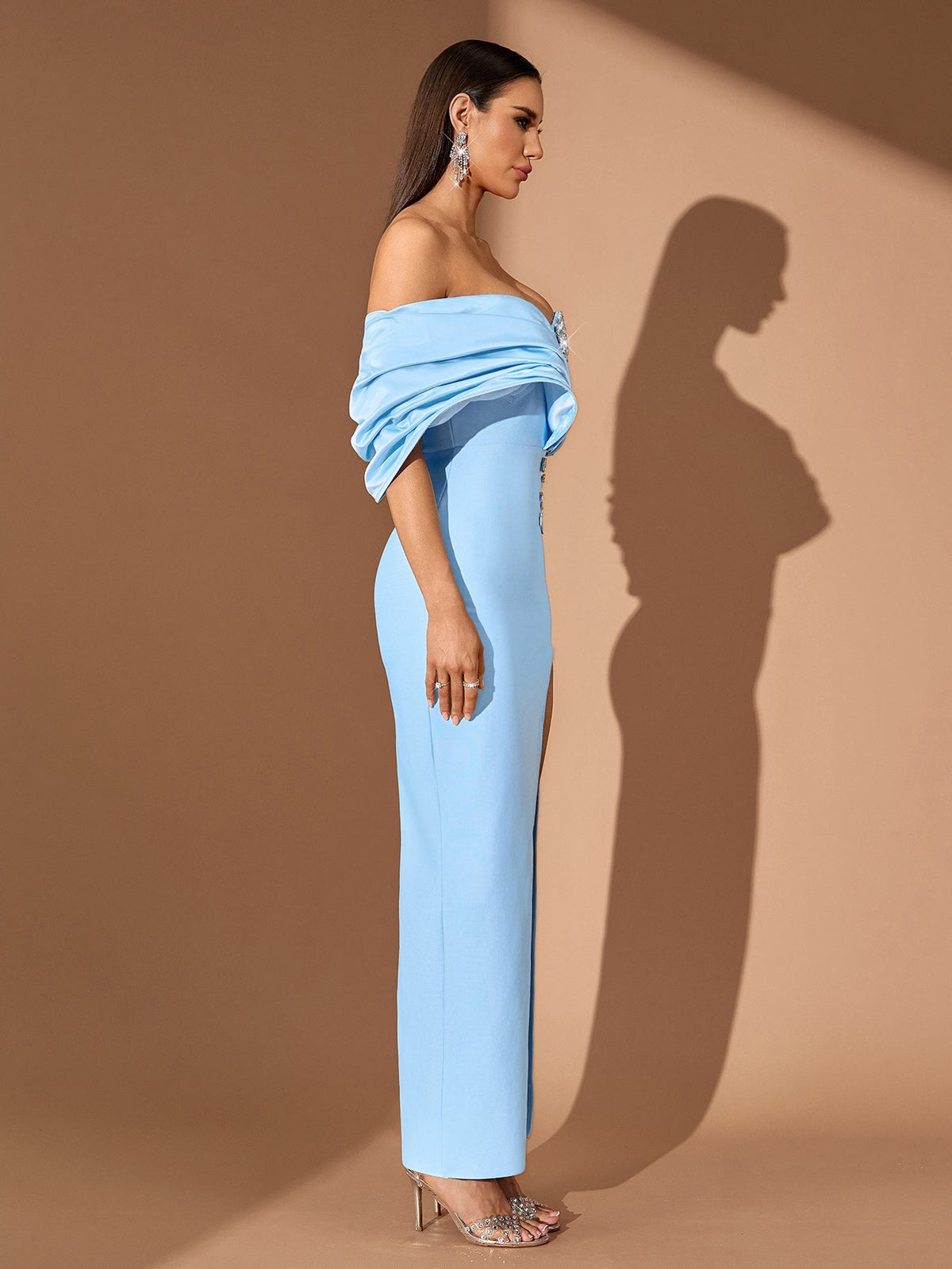 Off-Shoulder Crystal Bow Bandage Maxi Dress, three-quarter view