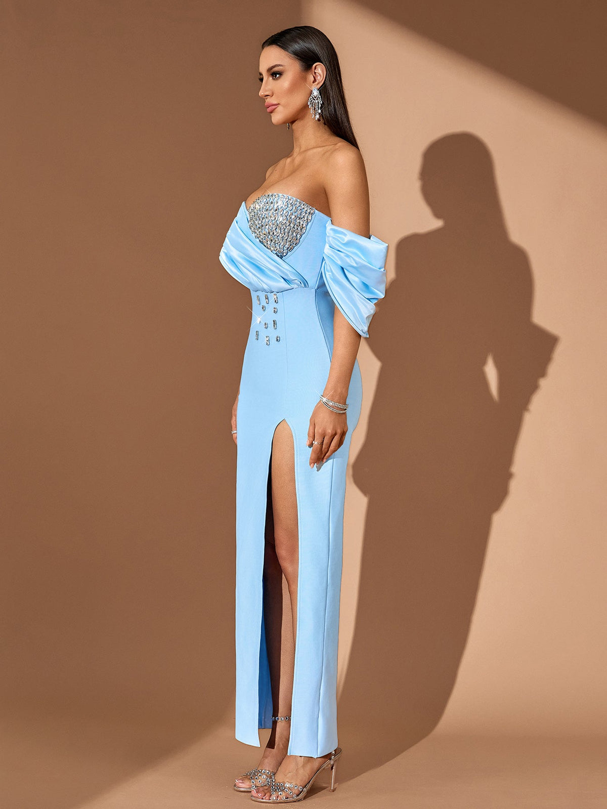 Off-Shoulder Crystal Bow Bandage Maxi Dress, full-length styling view