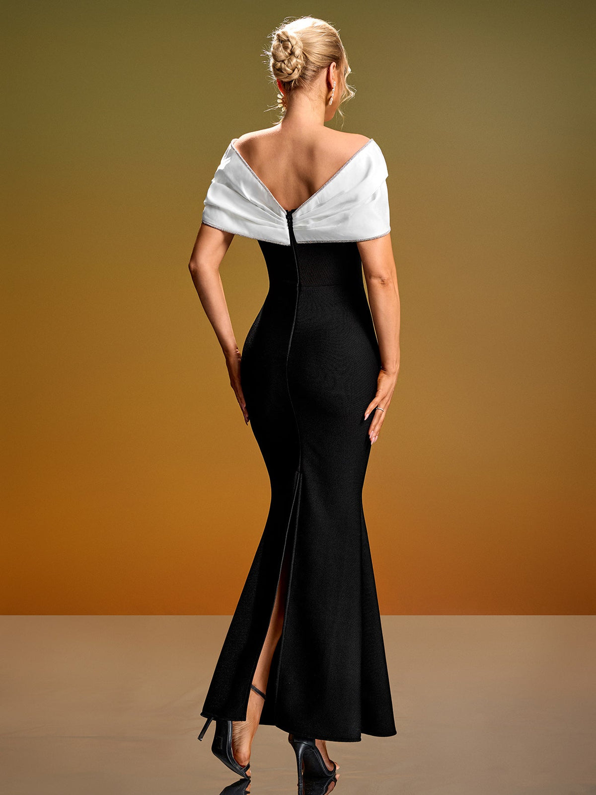 Off-Shoulder Crystal Bow Mermaid Gown, side view