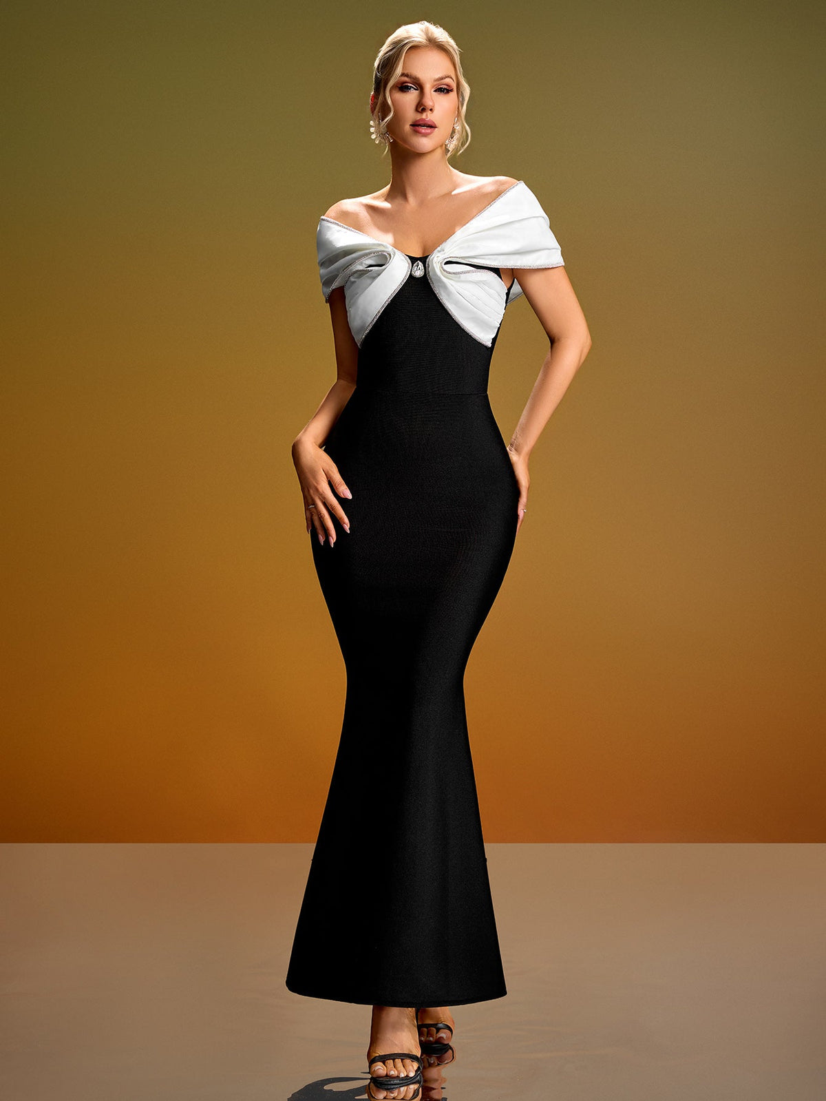 Off-Shoulder Crystal Bow Mermaid Gown, front full-length view