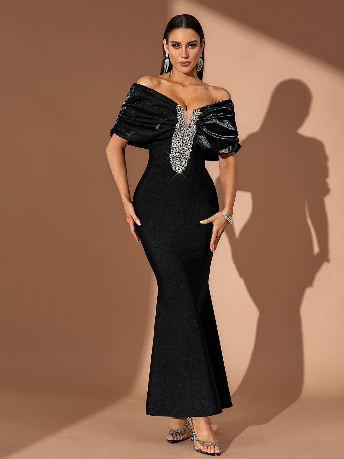 Off-Shoulder Crystal Fishtail Bandage Maxi Dress, front view