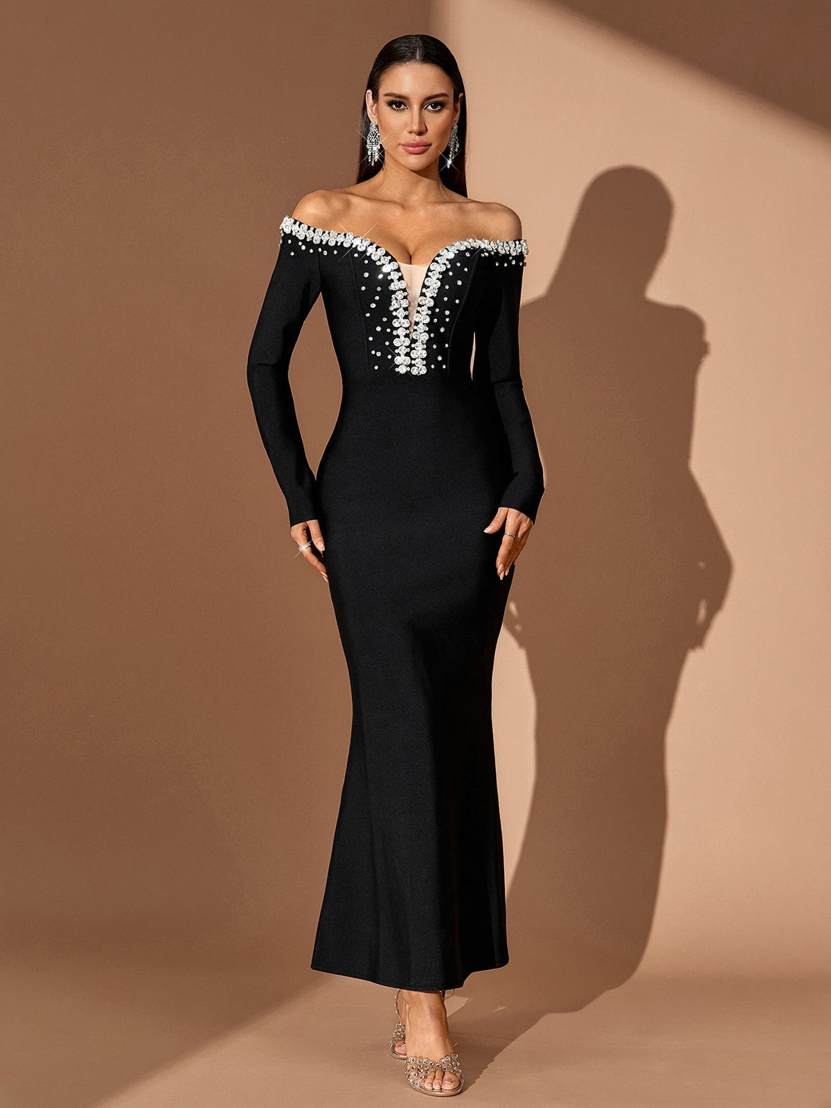 Off-Shoulder Crystal V-Neck Bandage Maxi Dress, front view