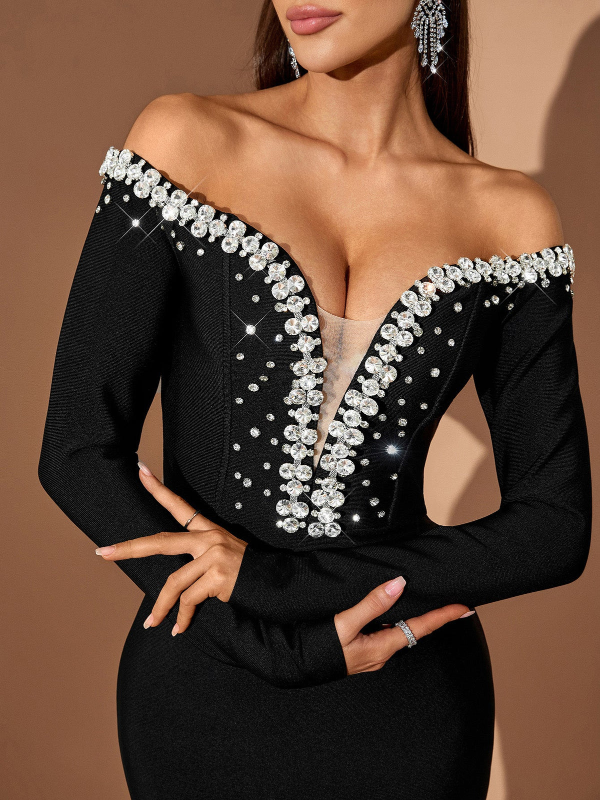 Off-Shoulder Crystal V-Neck Bandage Maxi Dress, detail view