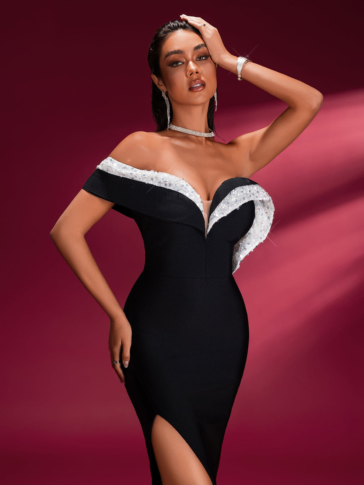 Off-Shoulder High-Slit Bandage Dress, back view