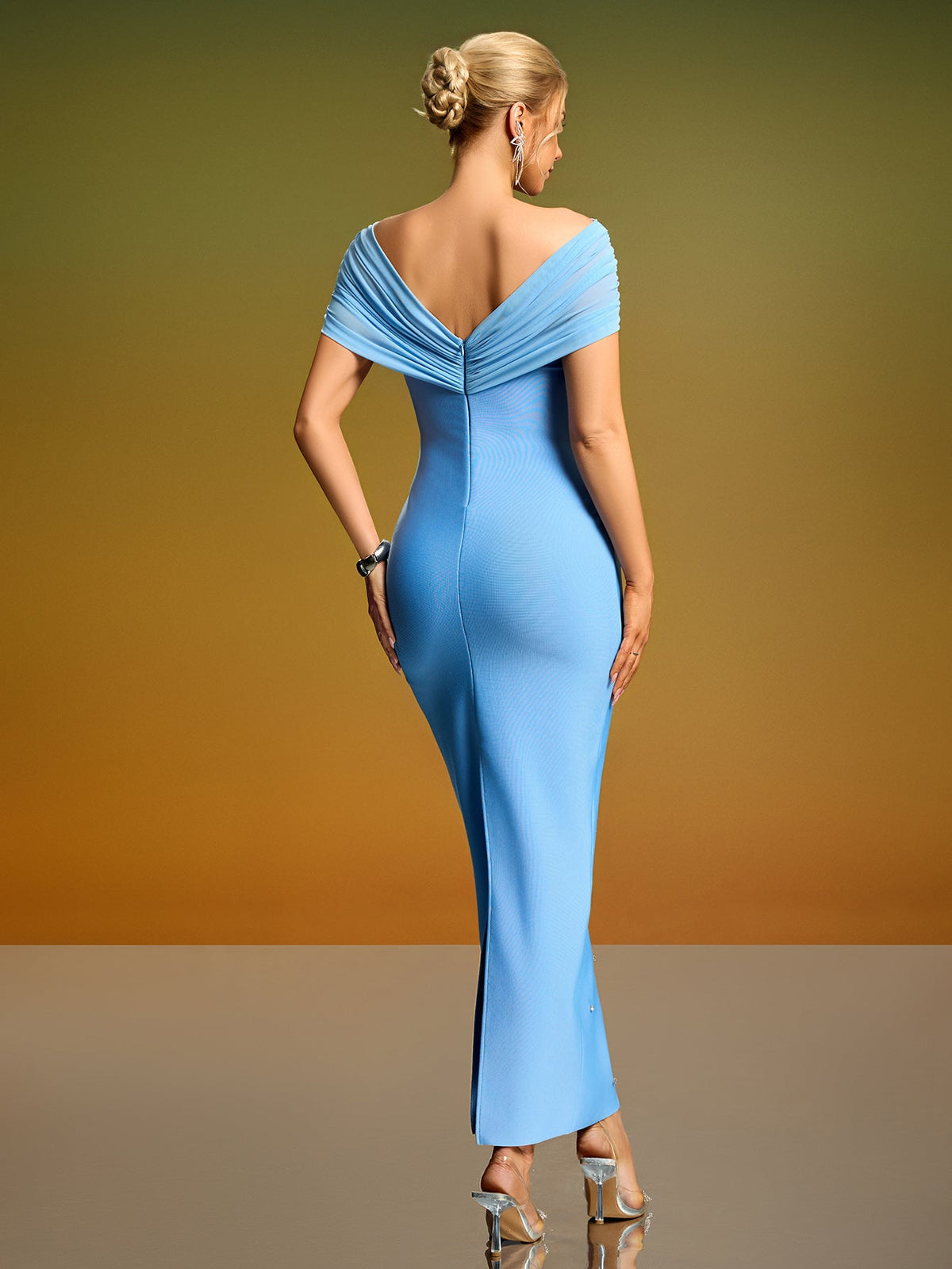 Off-Shoulder Mesh Crystal Bandage Dress, side view