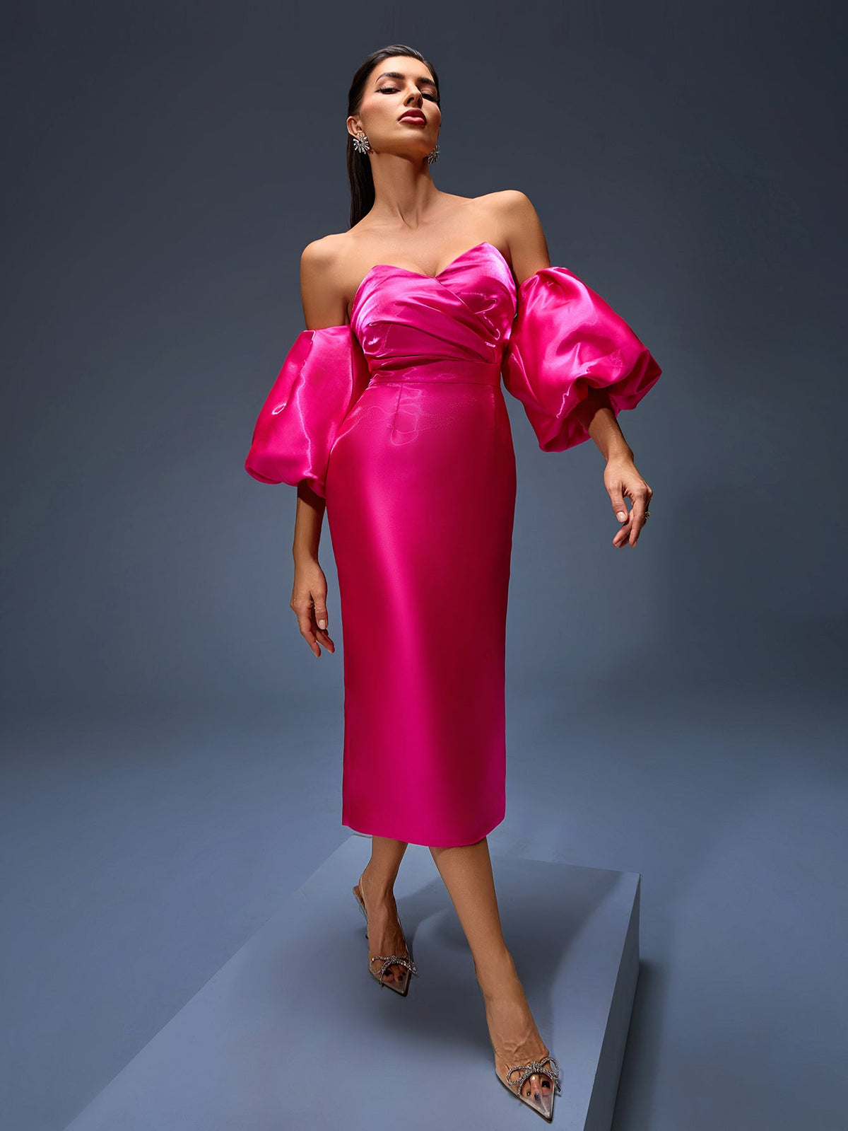 Off-Shoulder Puff-Sleeve Ruffle Satin Dress, front full-length view