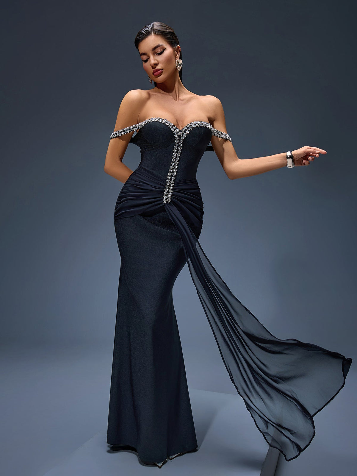 Off-Shoulder Rhinestone Mesh Maxi Dress, front view