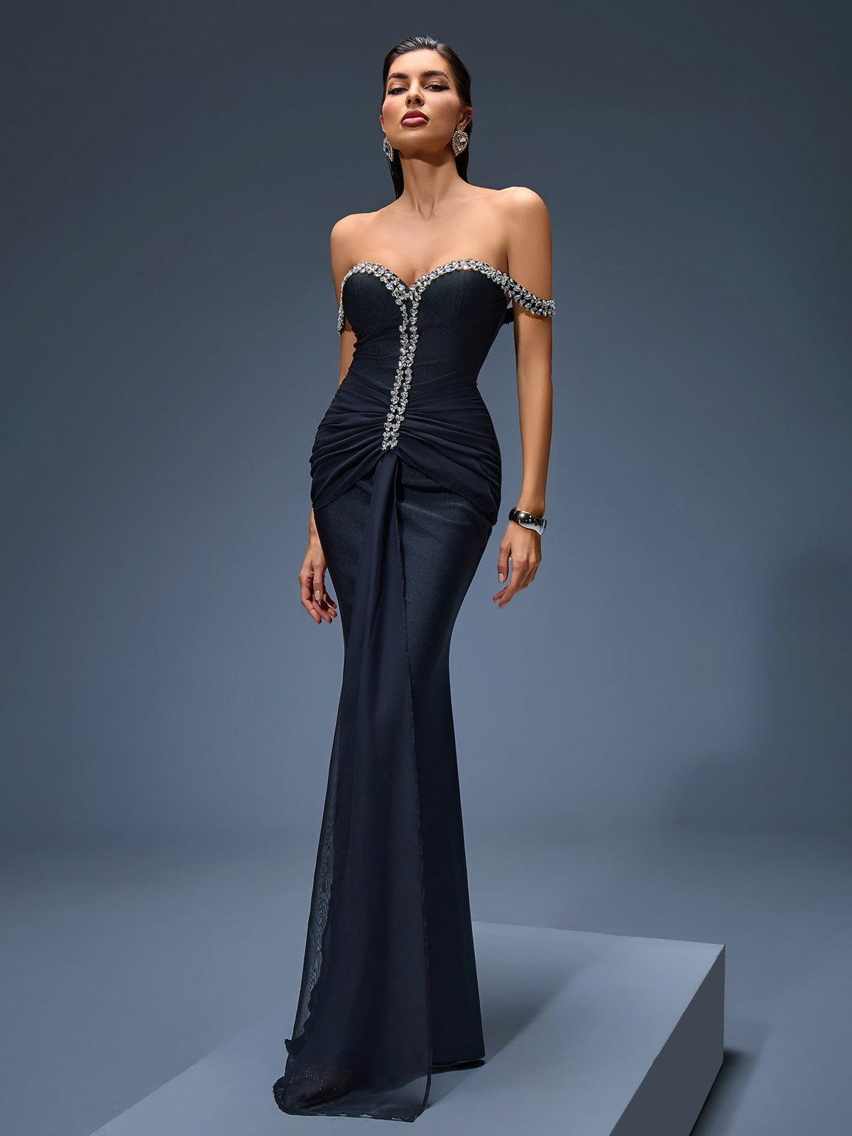 Off-Shoulder Rhinestone Mesh Maxi Dress, detail view