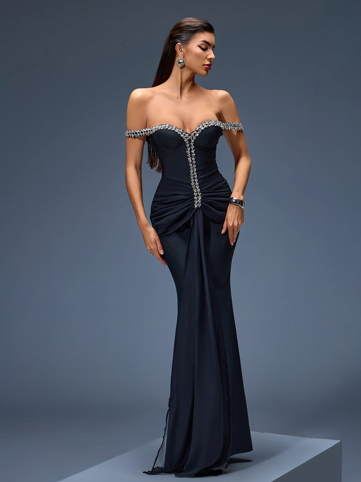 Off-Shoulder Rhinestone Mesh Maxi Dress, front full-length view