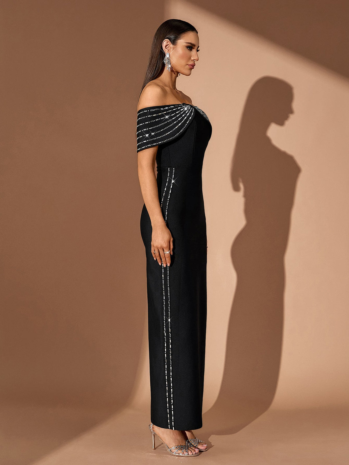 Off-Shoulder Rhinestone-Trim Bandage Maxi Dress, three-quarter view