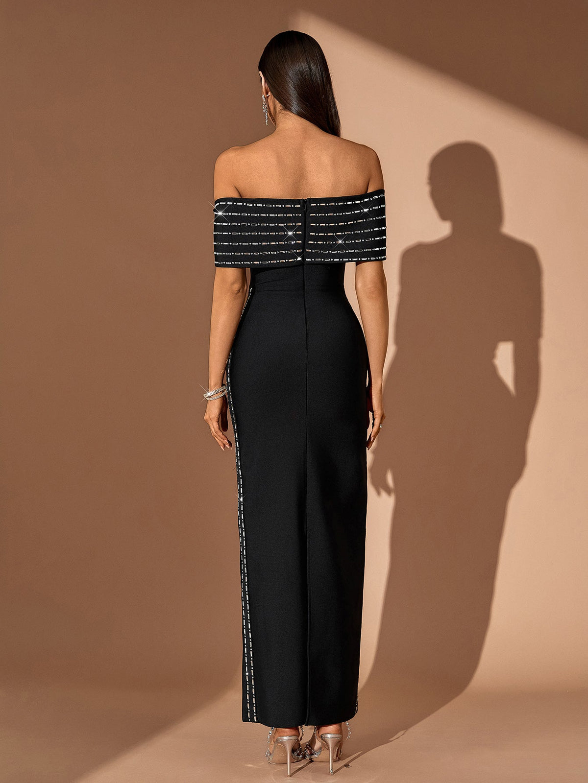 Off-Shoulder Rhinestone-Trim Bandage Maxi Dress, back view